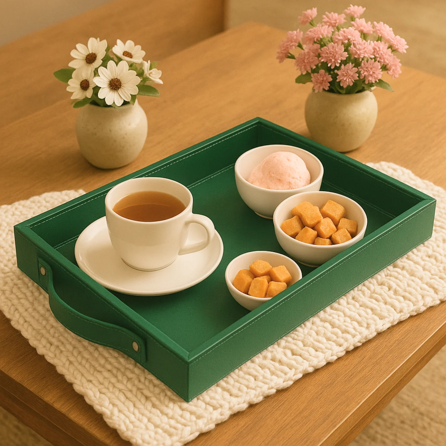 Vegan Leather Rectangular Serving Tray with Handles-Bottle Green