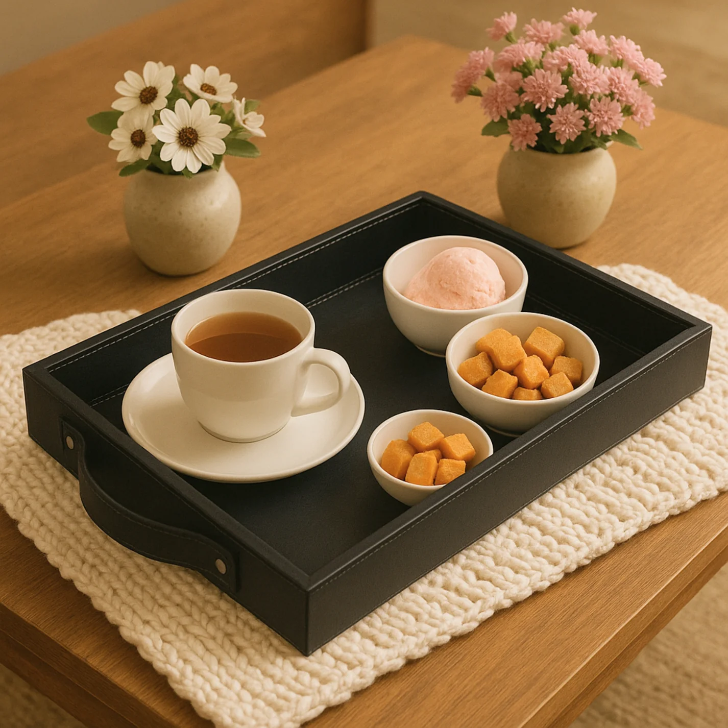 Vegan Leather Rectangular Serving Tray with Handles-Black