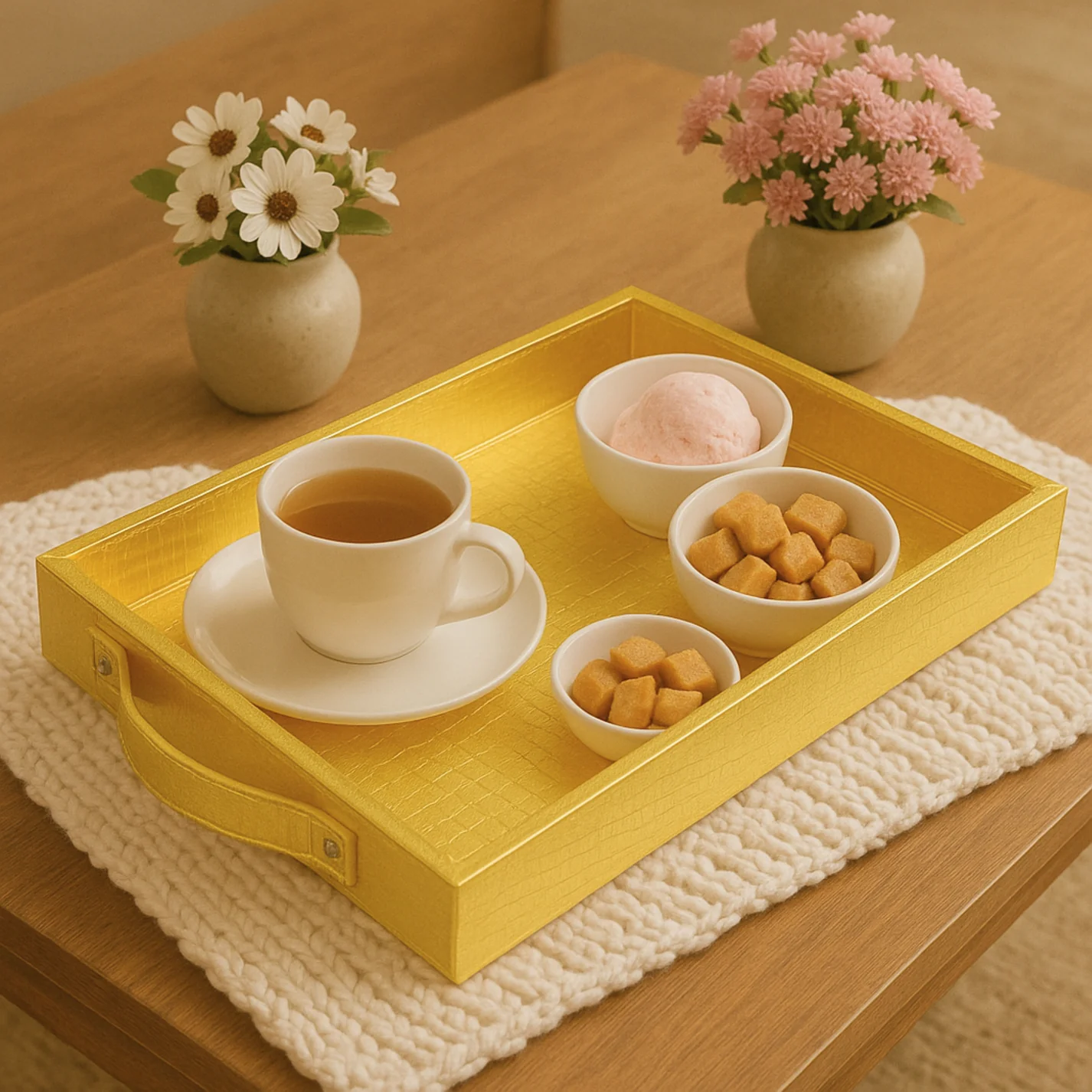 Vegan Leather Rectangular Serving Tray with Handles-Rose Gold