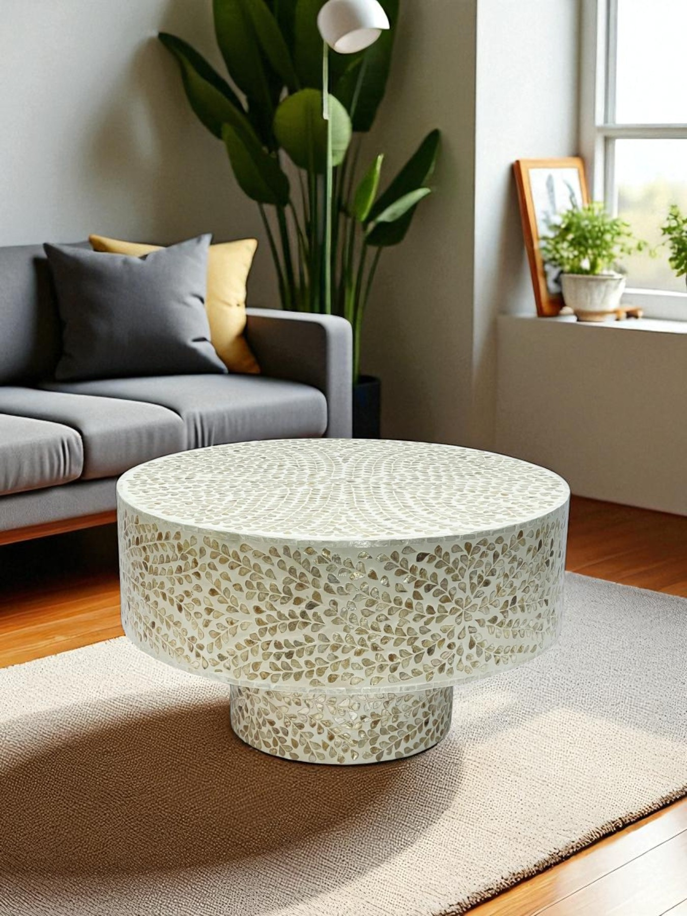 Mother of Pearl Round White Coffee Table- Cleo