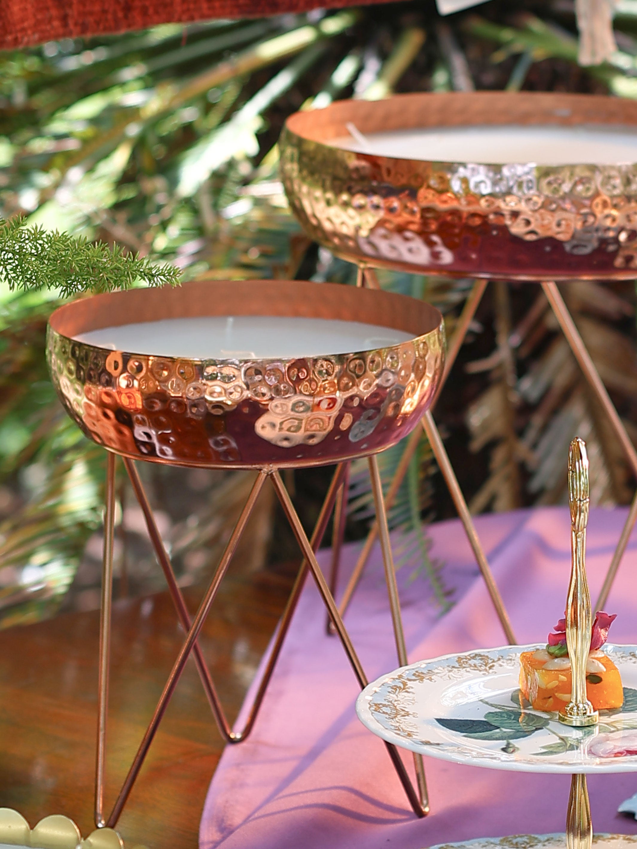 Stardust Rose Gold Hammered Candle Urlis on a stand set of 3