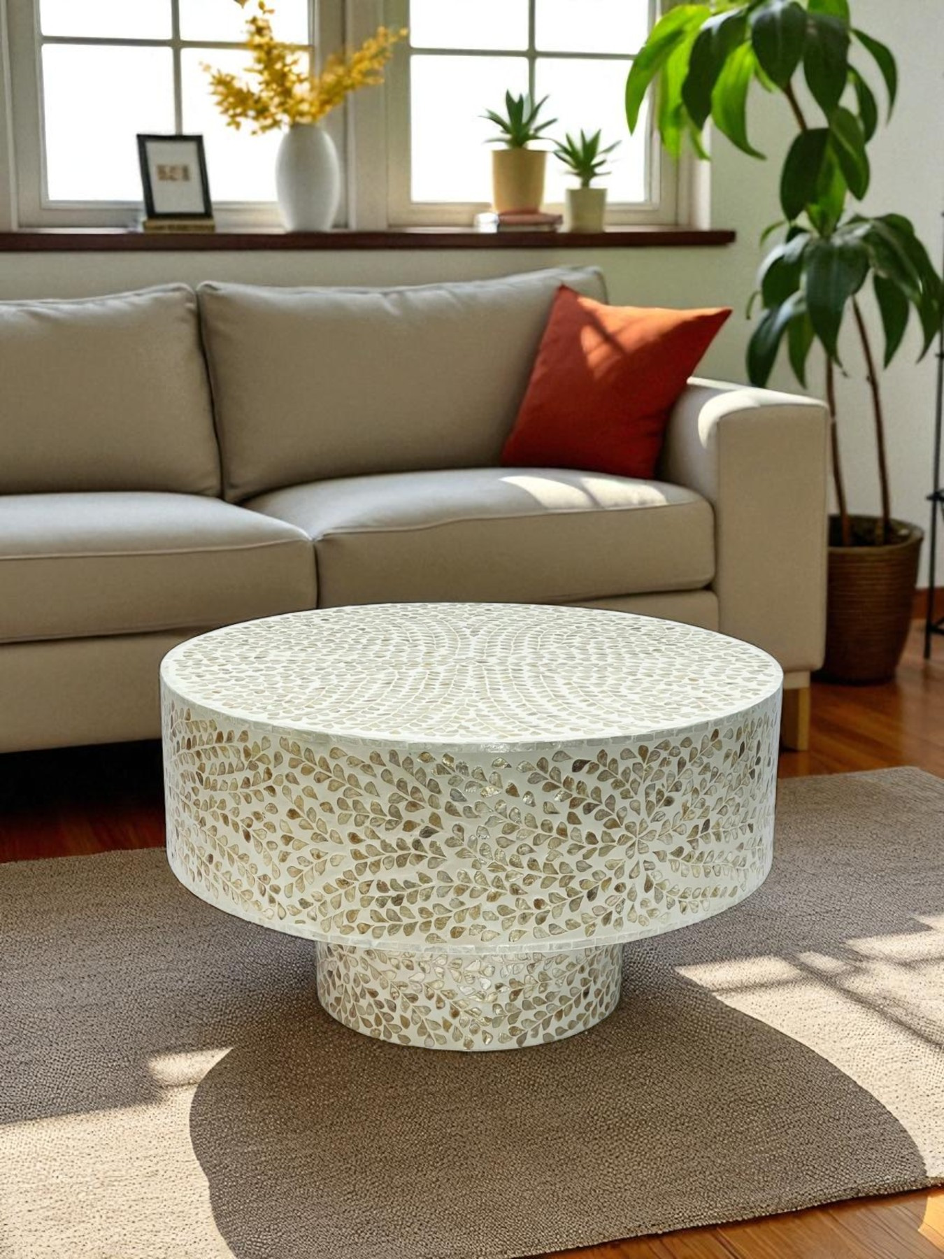 Mother of Pearl Round White Coffee Table- Cleo