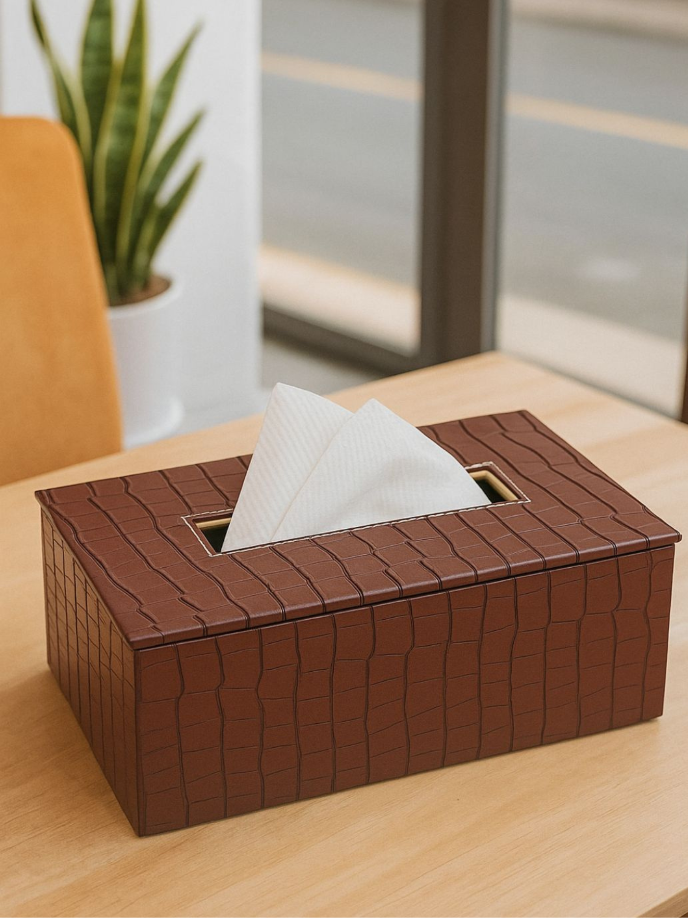 Leather Tissue Box-Tan Brown