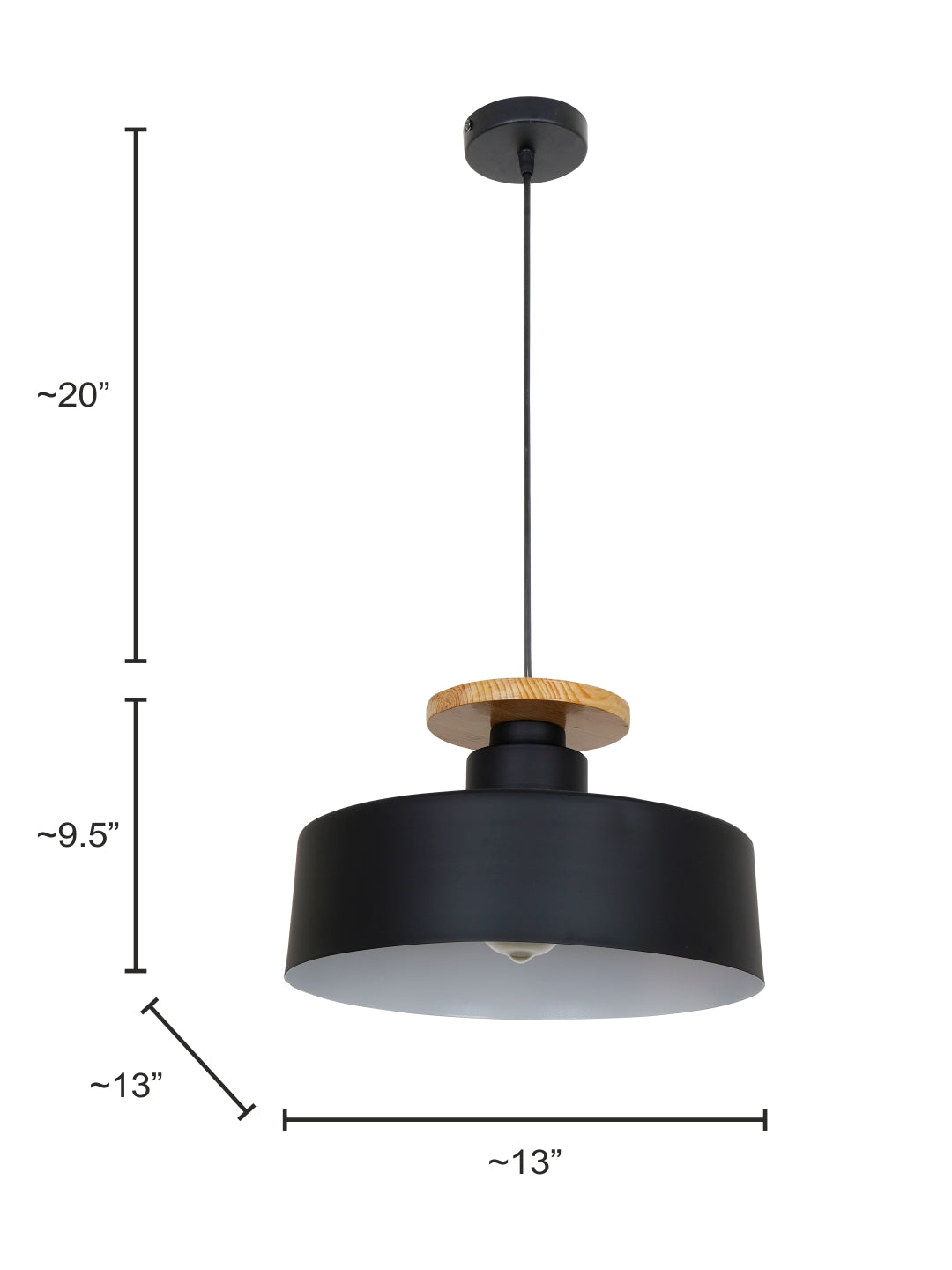 13-inch Black Modern Nordic Pendant Light with Wooden Base - for Home, Office, Cafes, and Restaurants