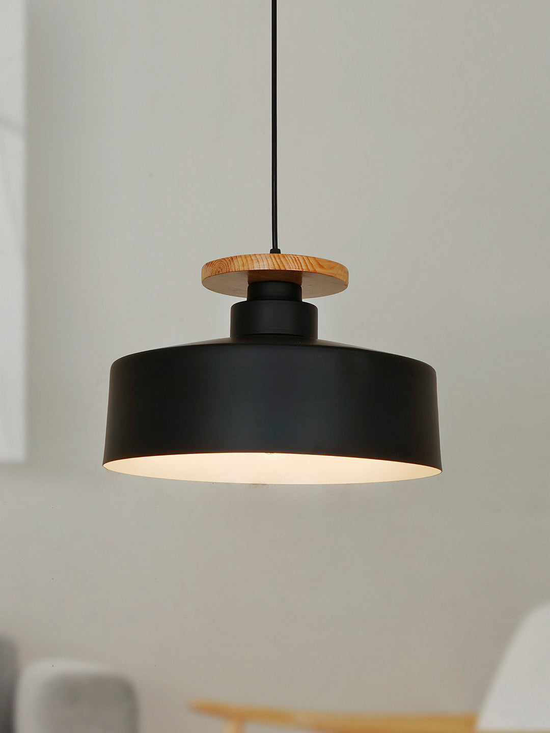 13-inch Black Modern Nordic Pendant Light with Wooden Base - for Home, Office, Cafes, and Restaurants