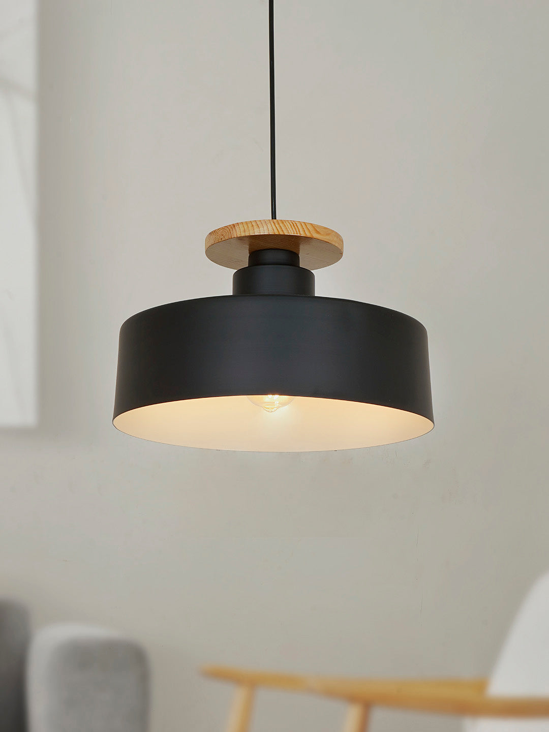 13-inch Black Modern Nordic Pendant Light with Wooden Base - for Home, Office, Cafes, and Restaurants