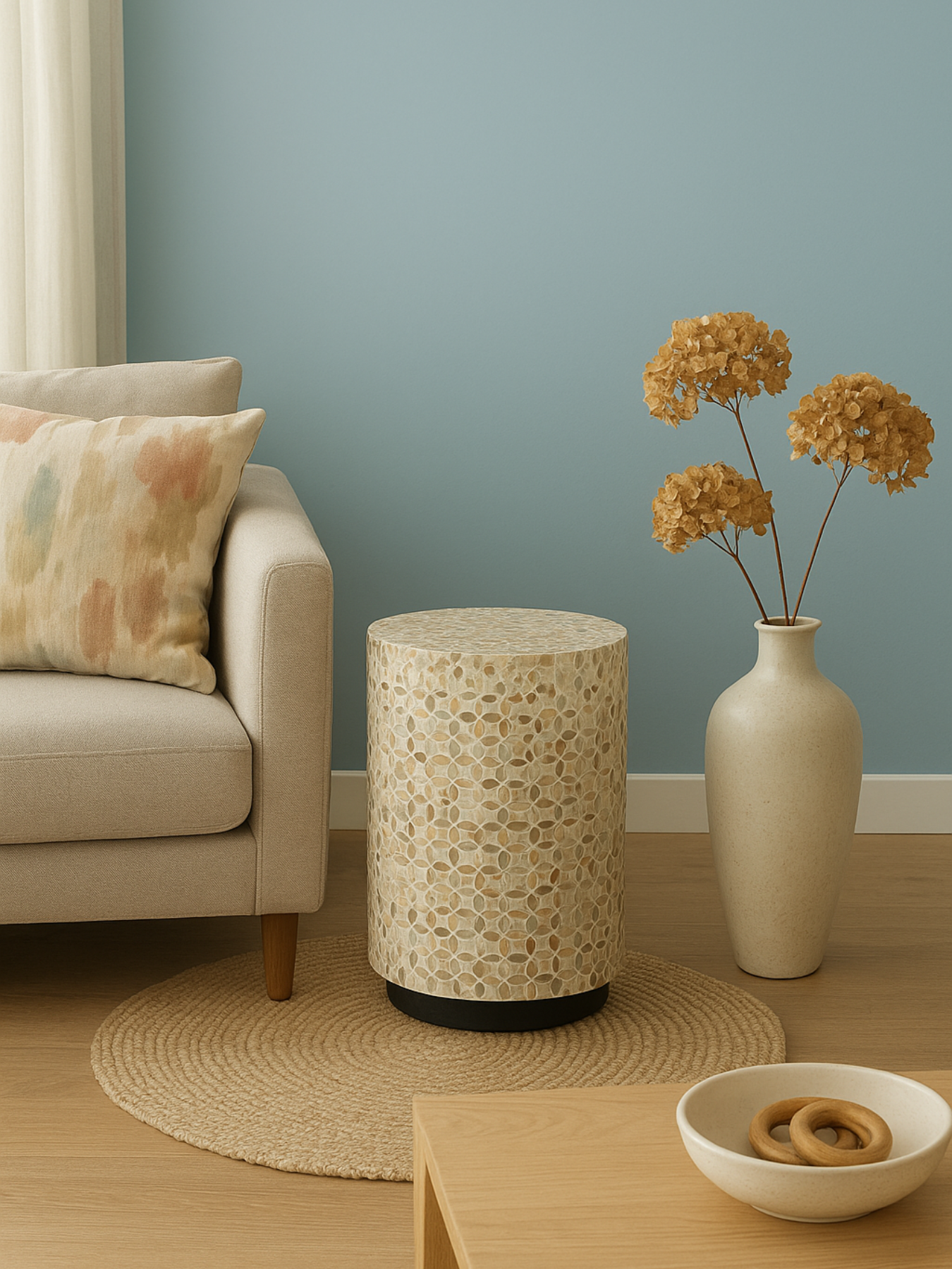 Mother of Pearl Inlay Drum Side Table- Nemo
