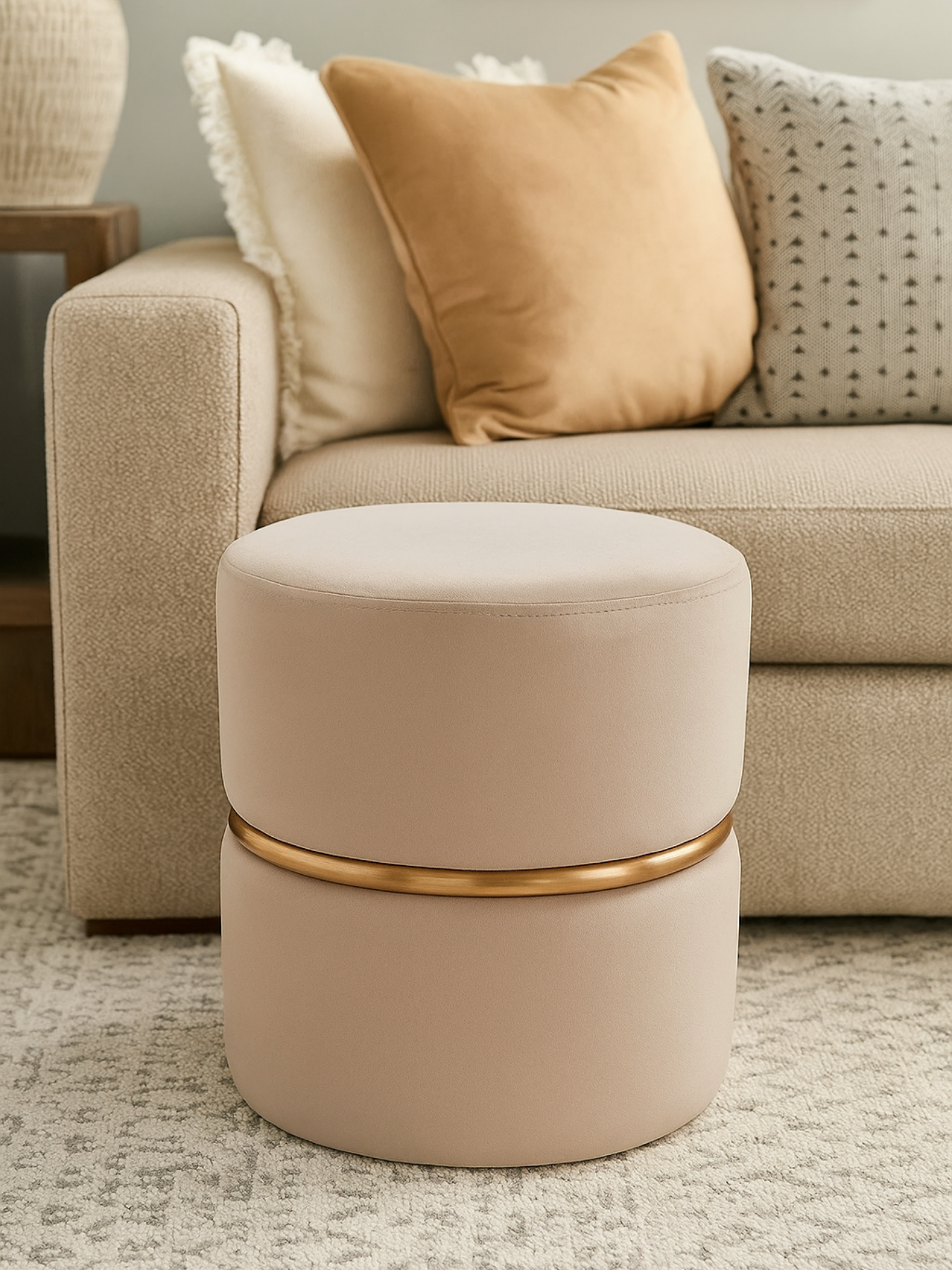 Elegant Velvet Pouf with Gold Accent