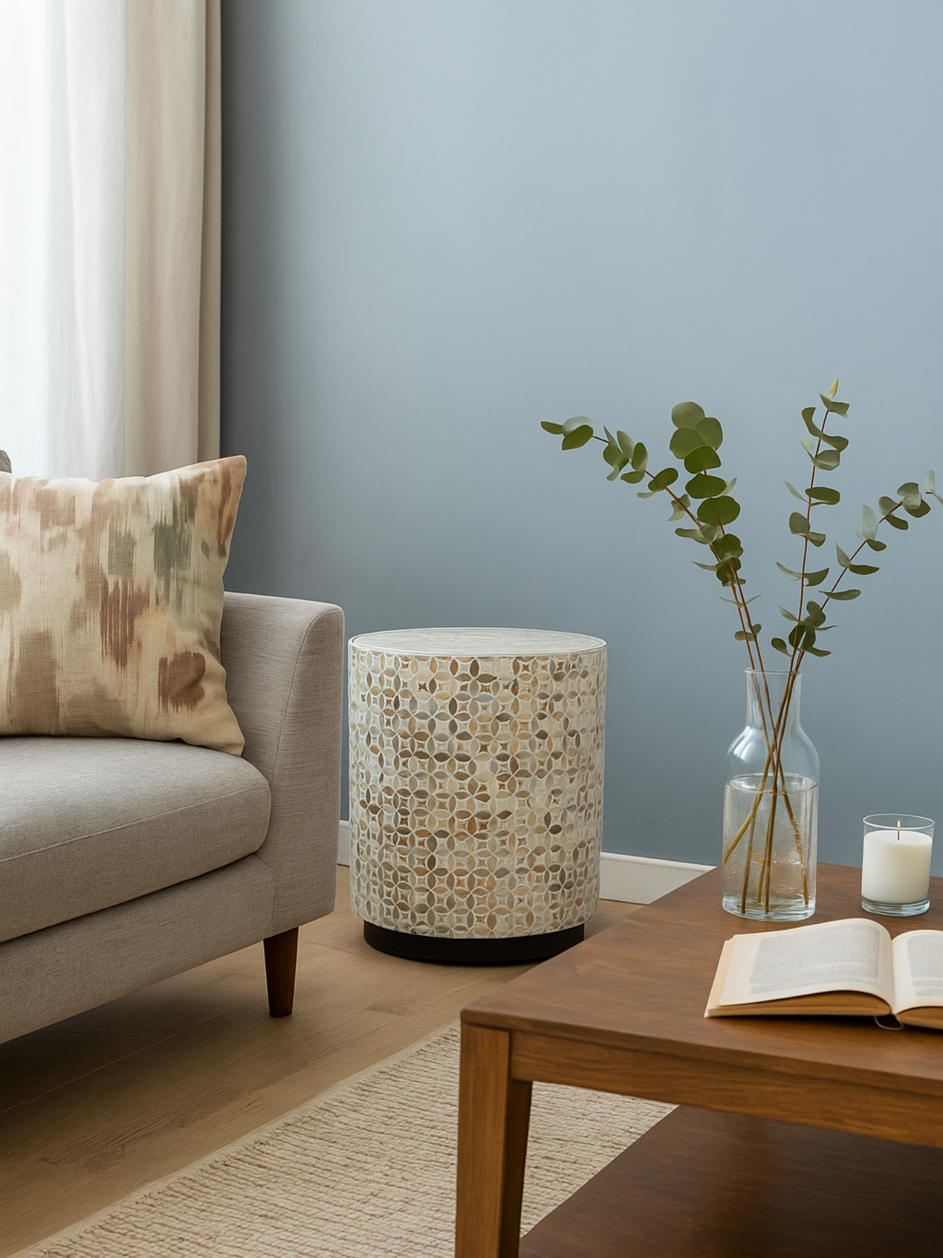 Mother of Pearl Inlay Drum Side Table- Nemo