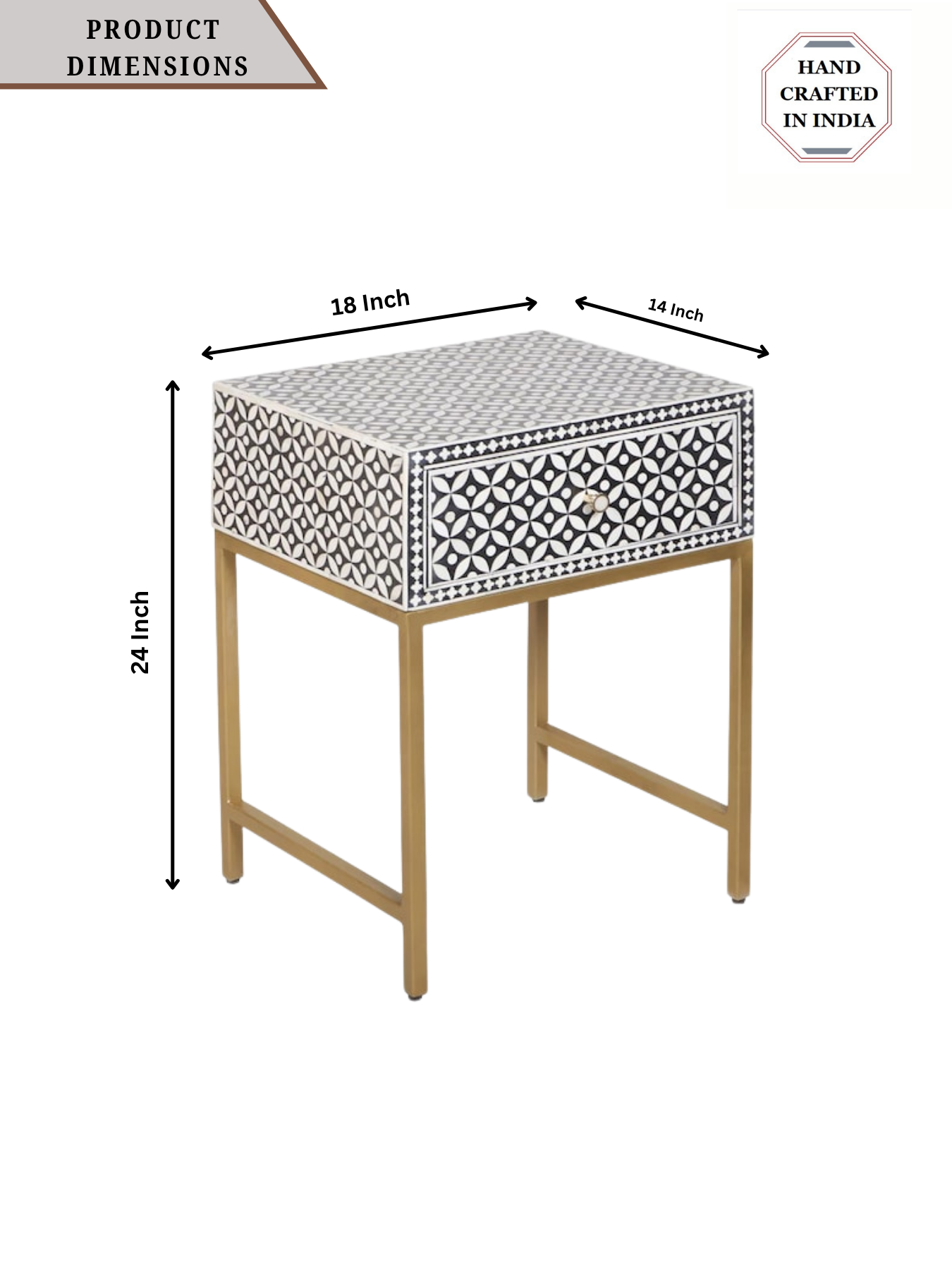 Inlay Bedside Table with Gold Legs - Geometric Floral