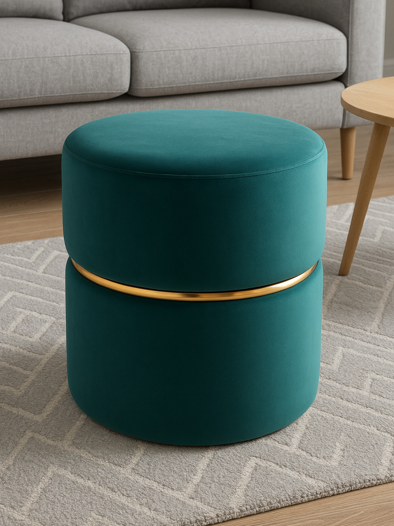 Elegant Velvet Pouf with Gold Accent