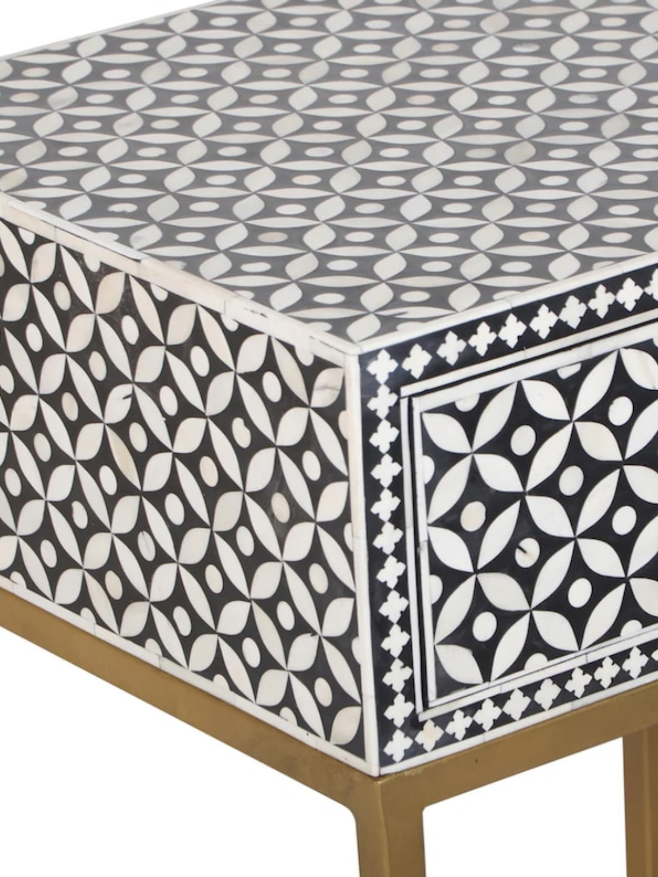 Inlay Bedside Table with Gold Legs - Geometric Floral