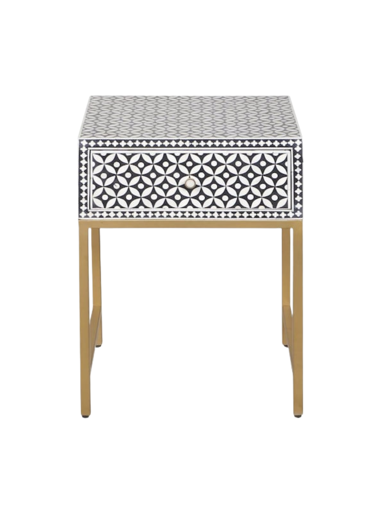 Inlay Bedside Table with Gold Legs - Geometric Floral