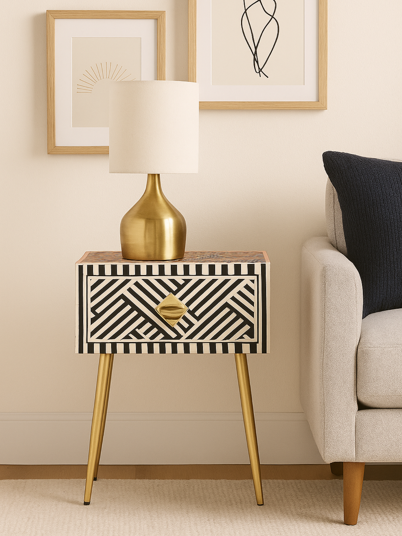 Inlay Bedside Table with Gold Legs - Chevron