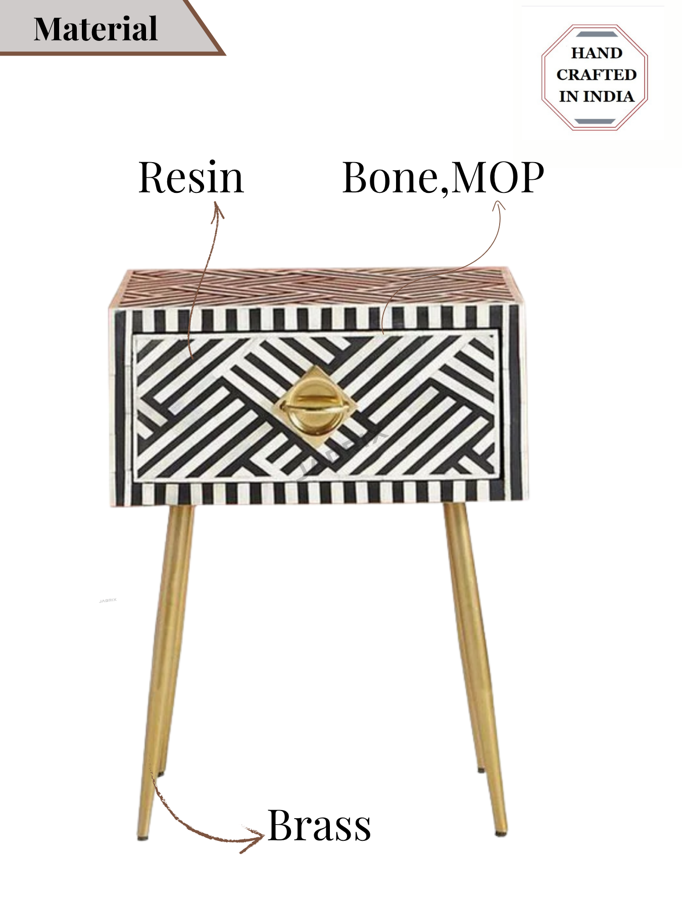 Inlay Bedside Table with Gold Legs - Chevron