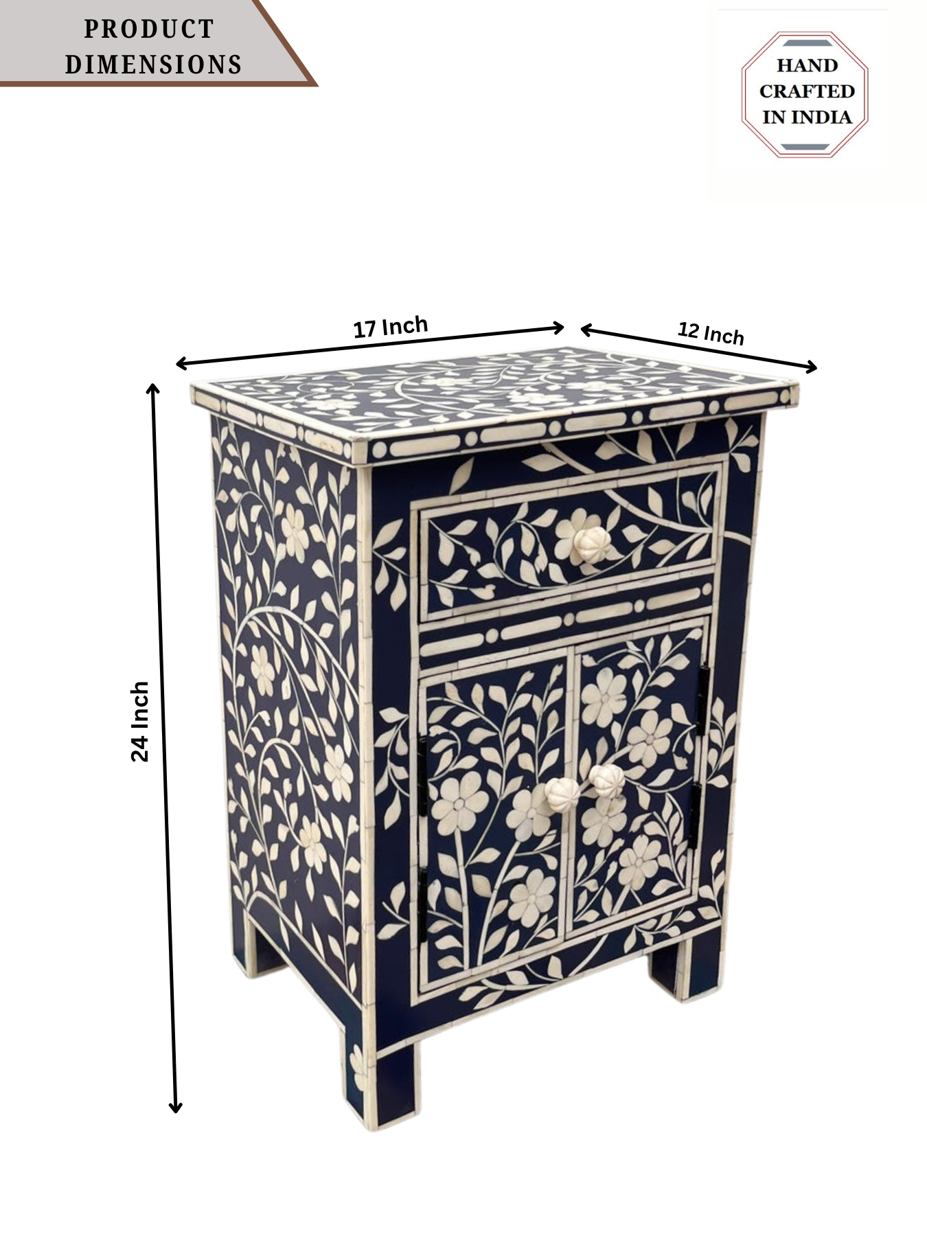Floral Bone Inlay Bedside Table – Black Elegance