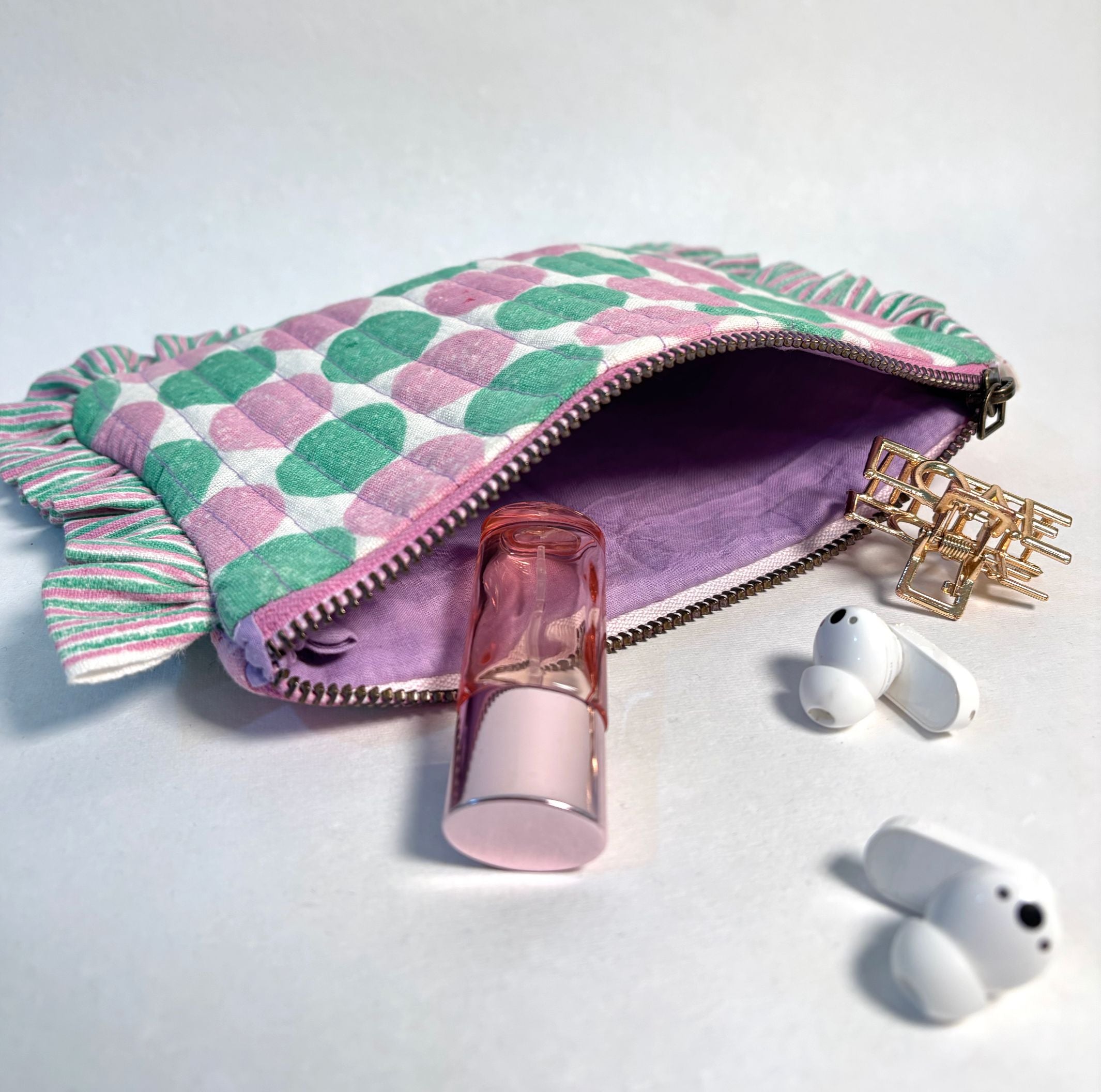 Sustainable Quilted Cotton Travel Pouch l Pebbles Purple & Green Organizer