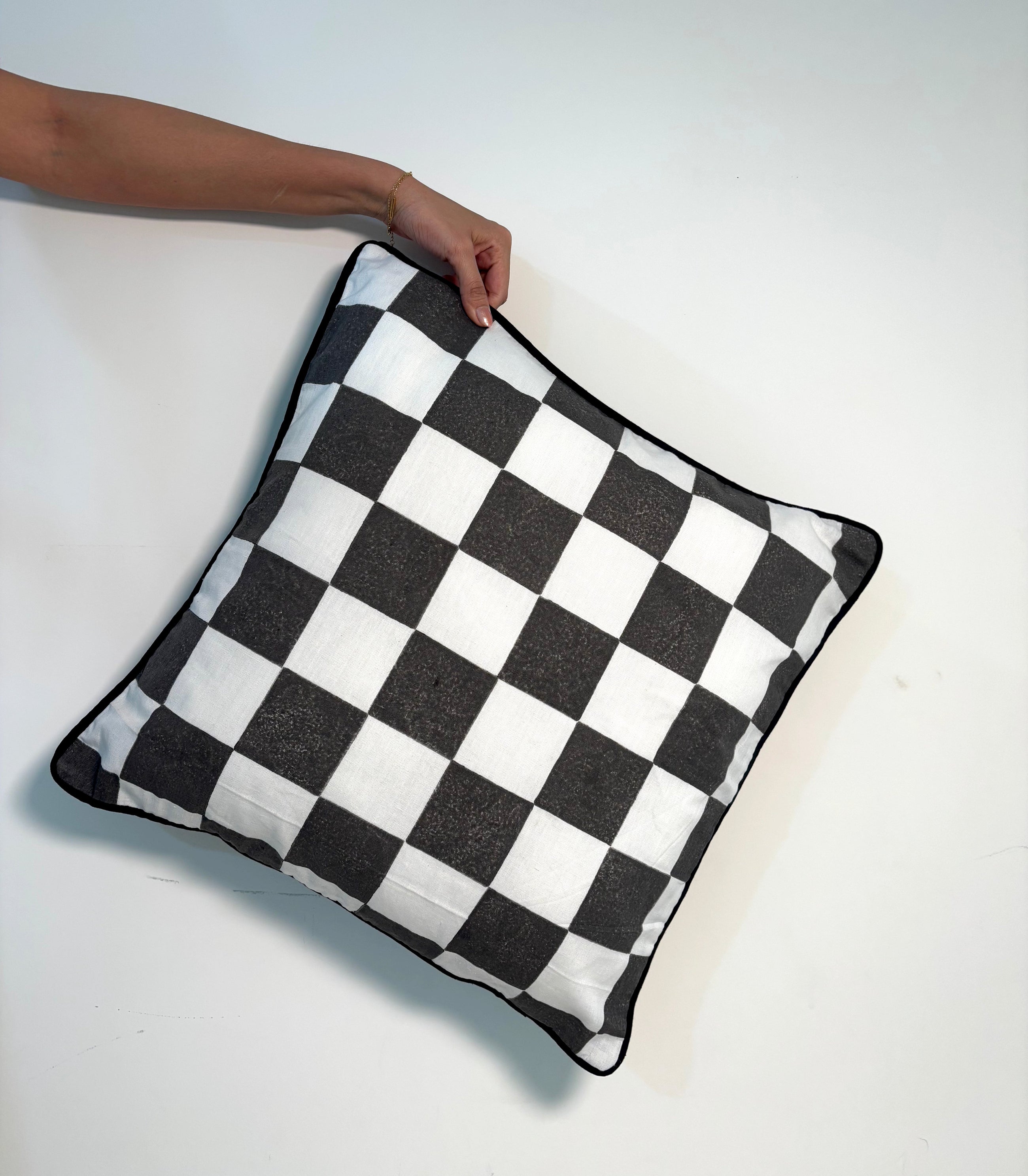 Classic Checks Cotton Block Printed Cushion Cover l Black & White