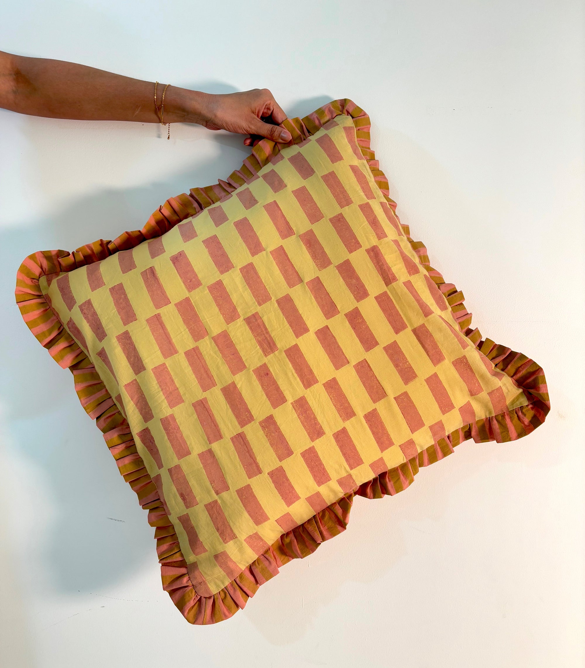 Stripe Break Cotton Ruffle Cushion Cover l Mustard & Peach