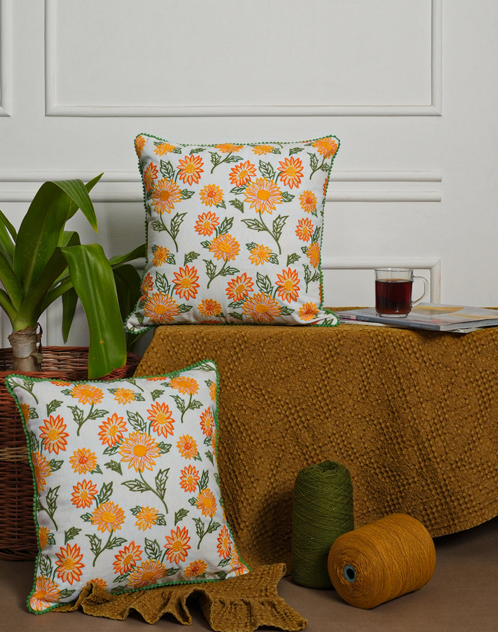 Set Of 2 - Yellow Cotton Embroidery Cushion Cover - 16"X16"