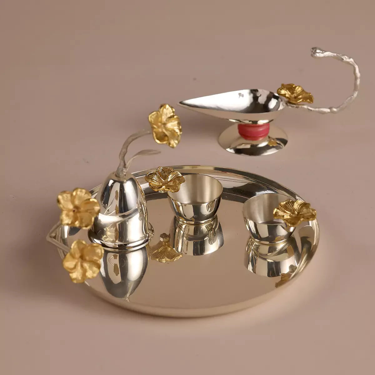 Blossom Pooja Thali Set - Silver Plated