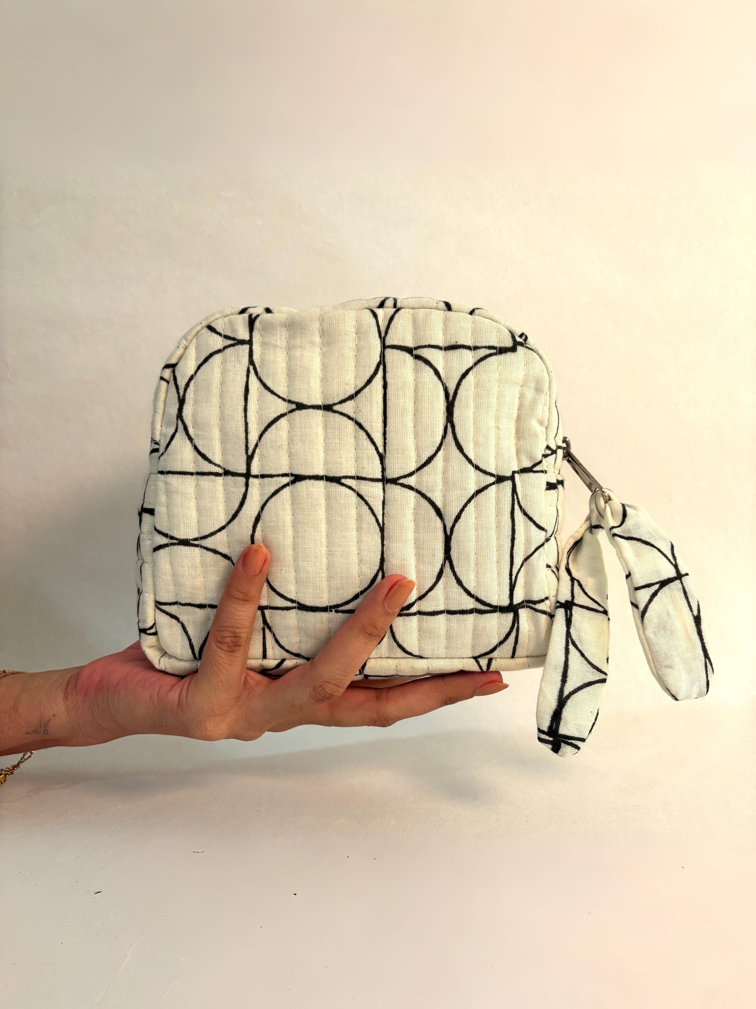 Sustainable Quilted Cotton Travel Pouch l Black & White Organizer