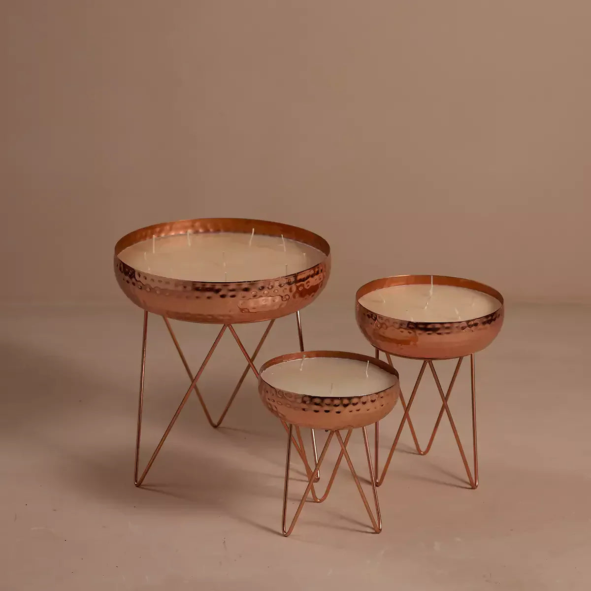 Stardust Rose Gold Hammered Candle Urlis on a stand set of 3