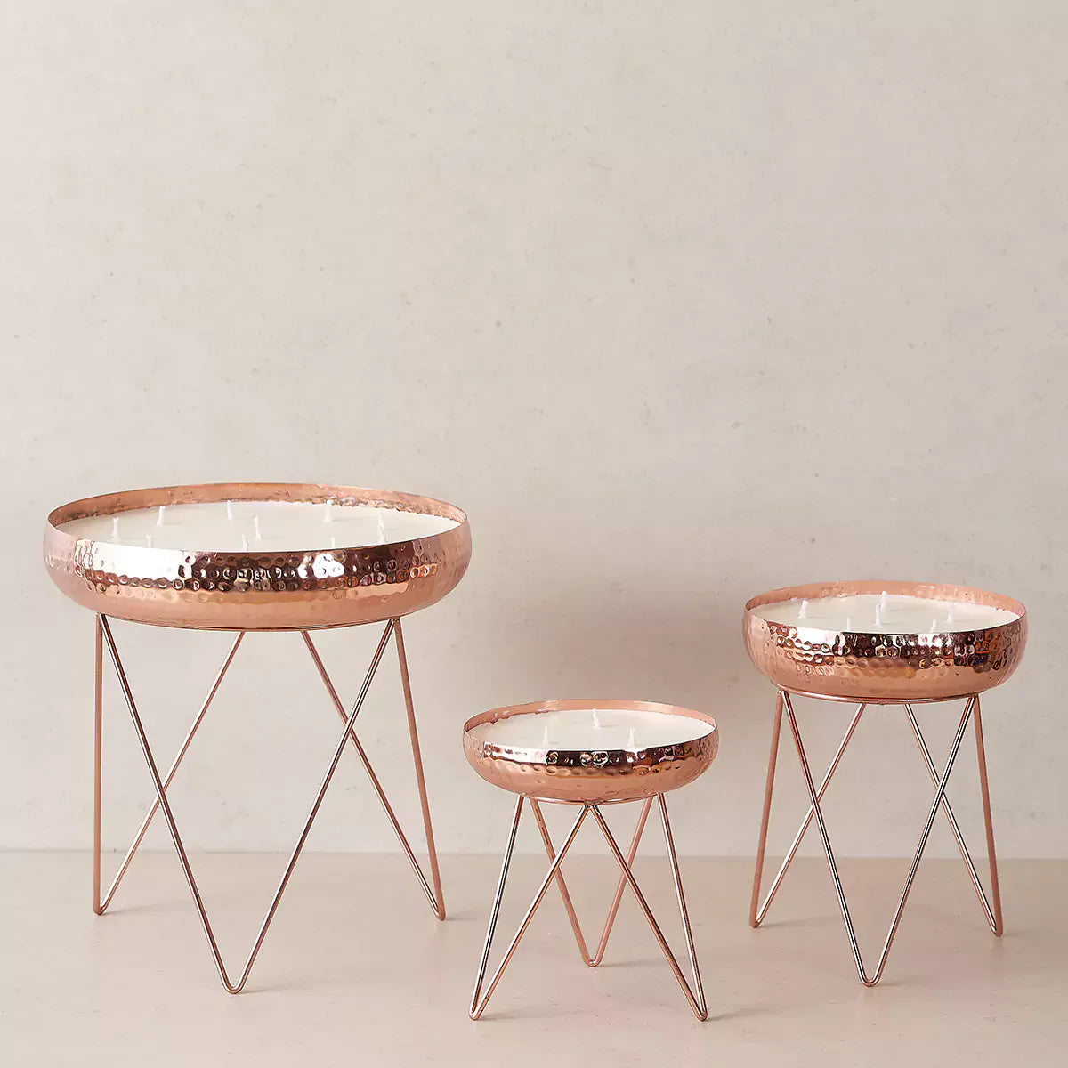 Stardust Rose Gold Hammered Candle Urlis on a stand set of 3