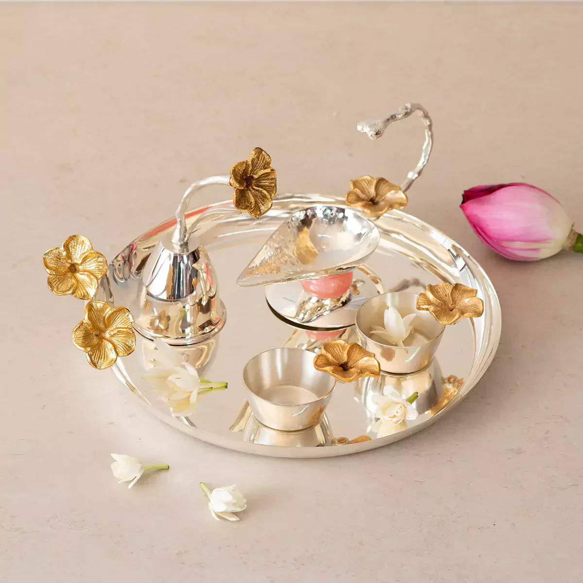 Blossom Pooja Thali Set - Silver Plated