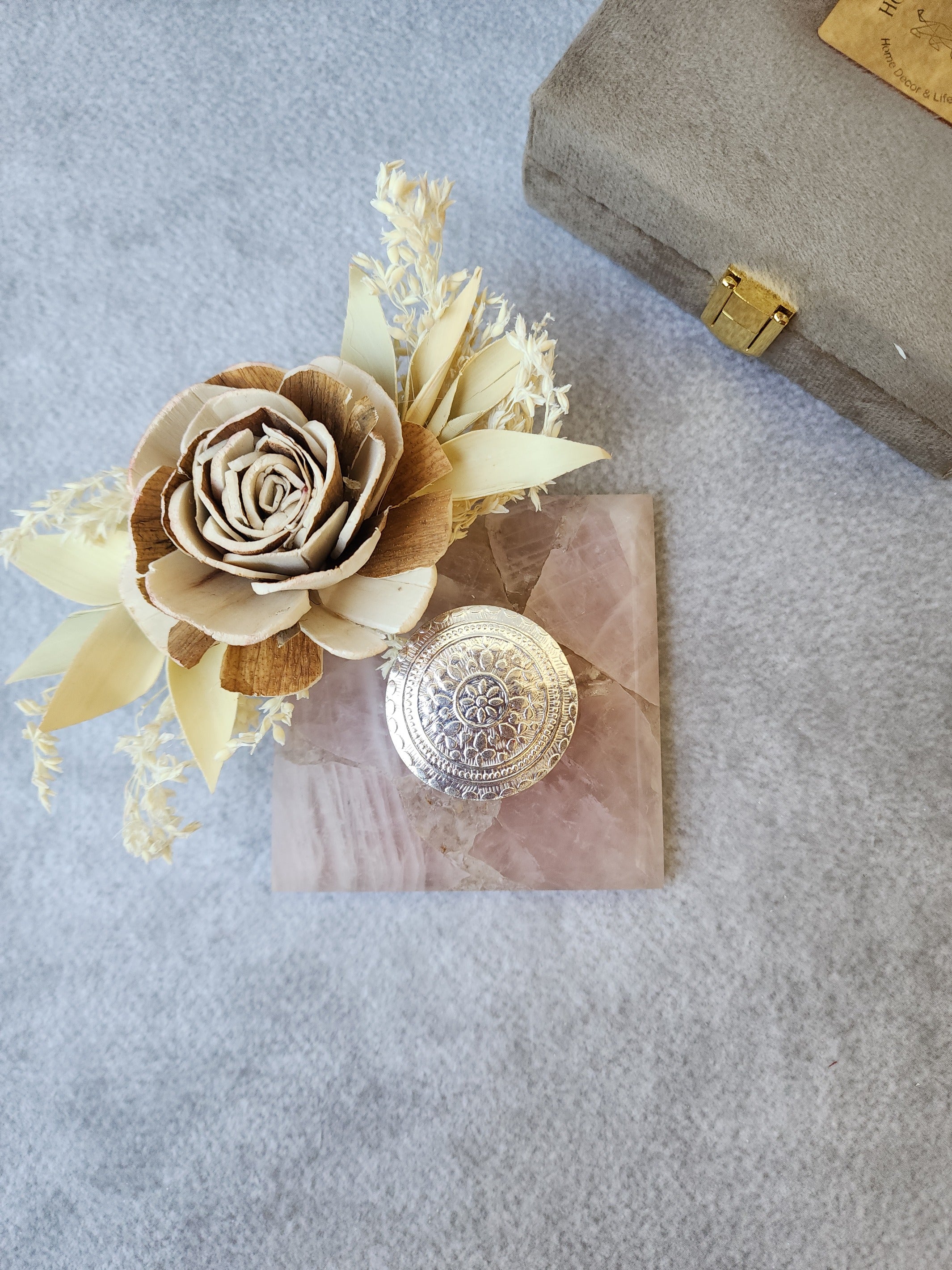 Rose Quartz Square Gemstone Coaster With Silver Dibbi