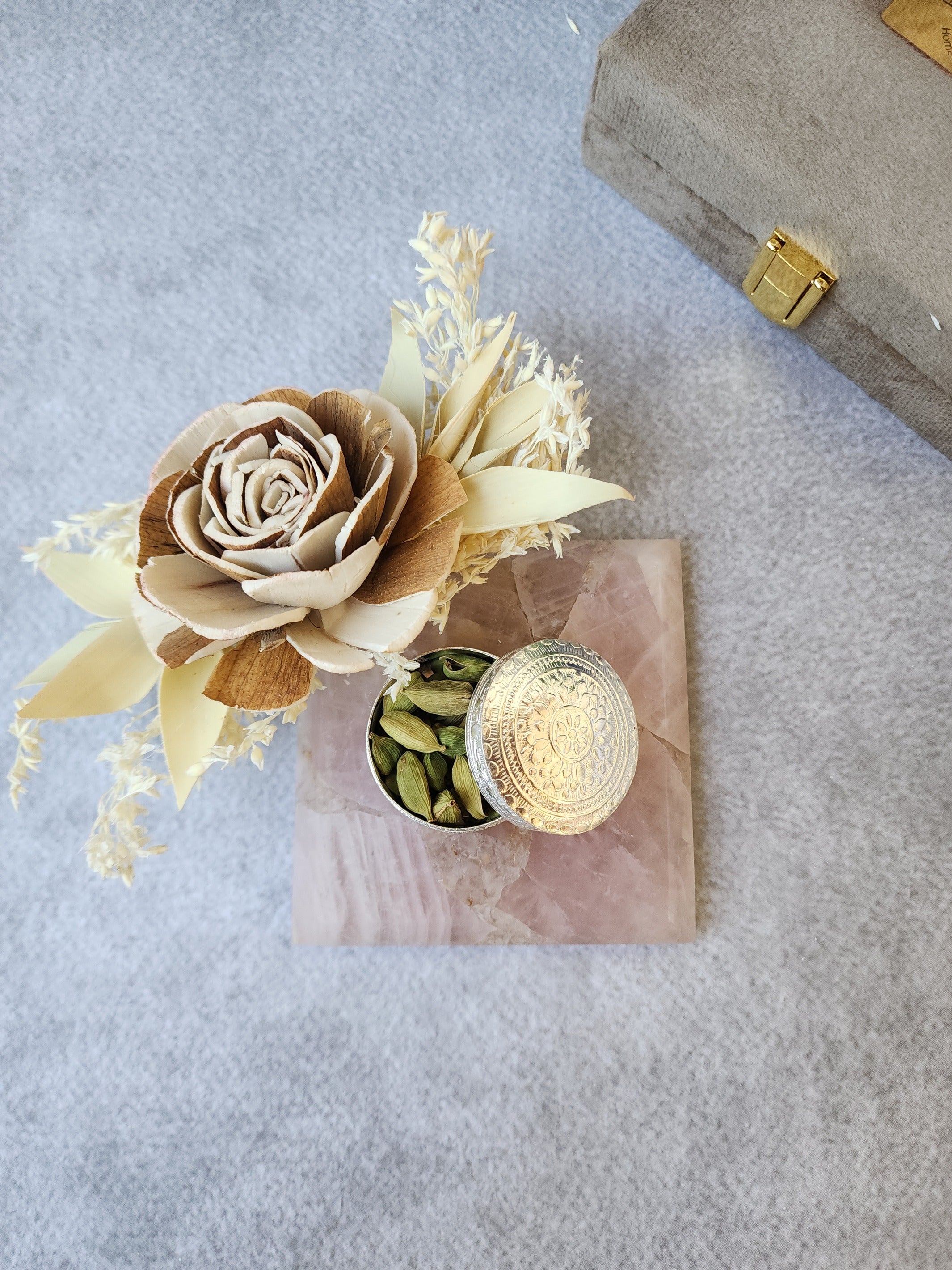 Rose Quartz Square Gemstone Coaster With Silver Dibbi