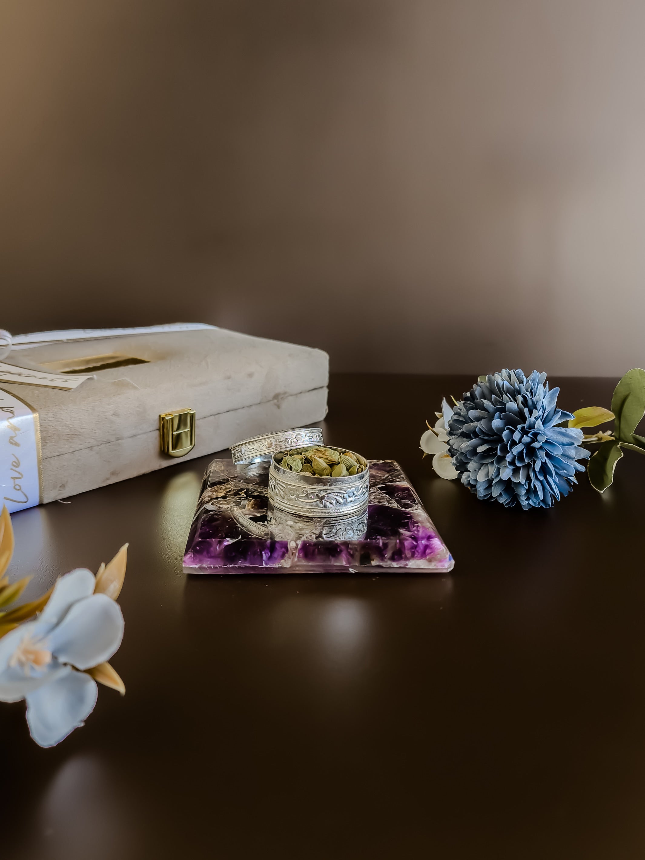 Amethyst Square Gemstone Coaster With Silver Dibbi