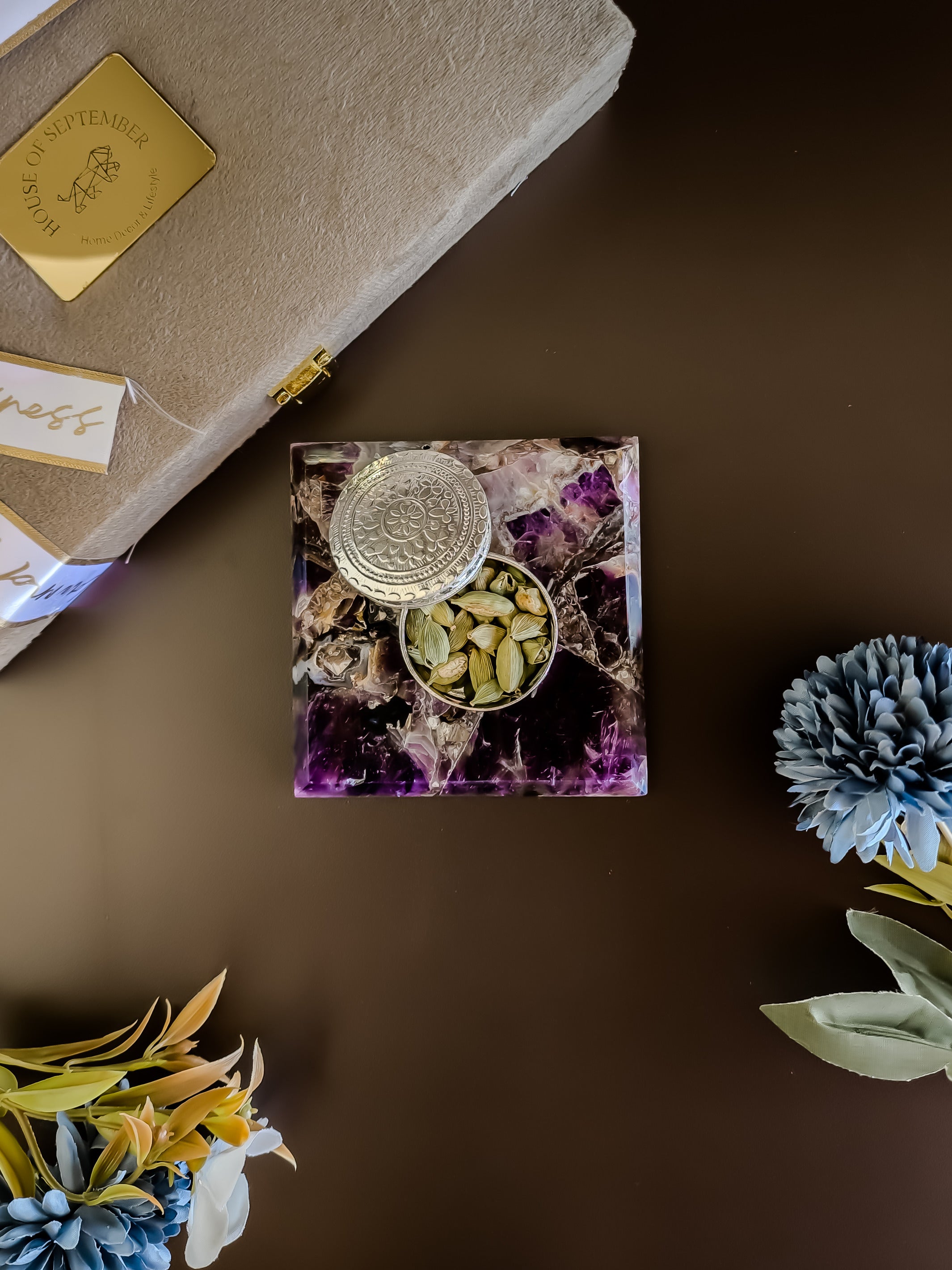Amethyst Square Gemstone Coaster With Silver Dibbi