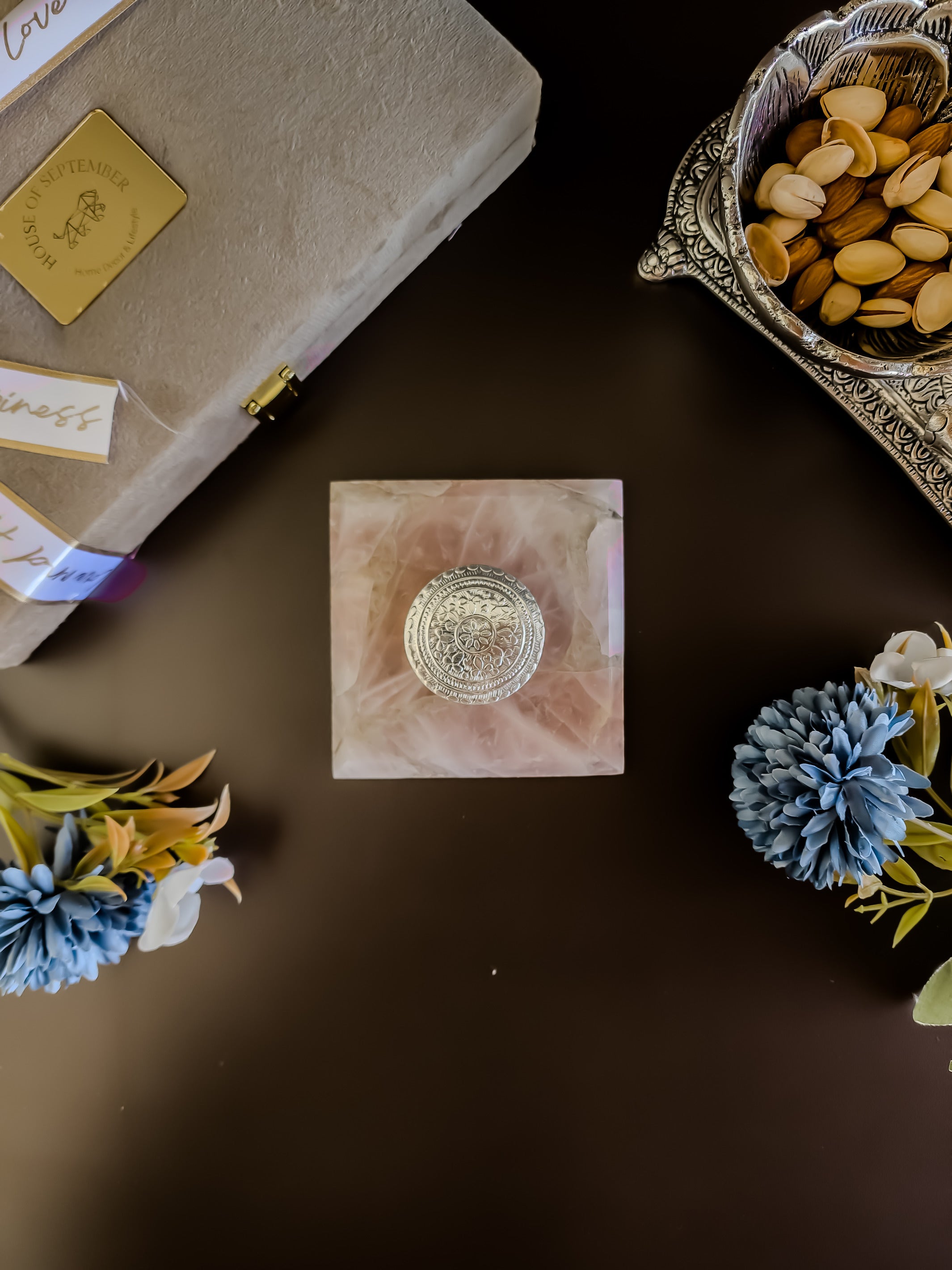Rose Quartz Square Gemstone Coaster With Silver Dibbi