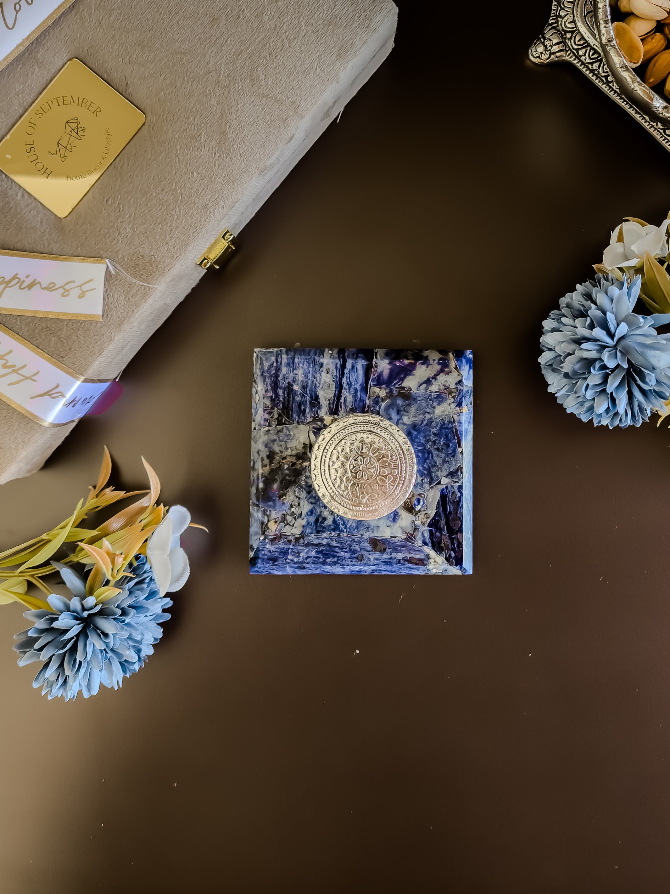 Sodalite Square Gemstone Coaster With Silver Dibbi