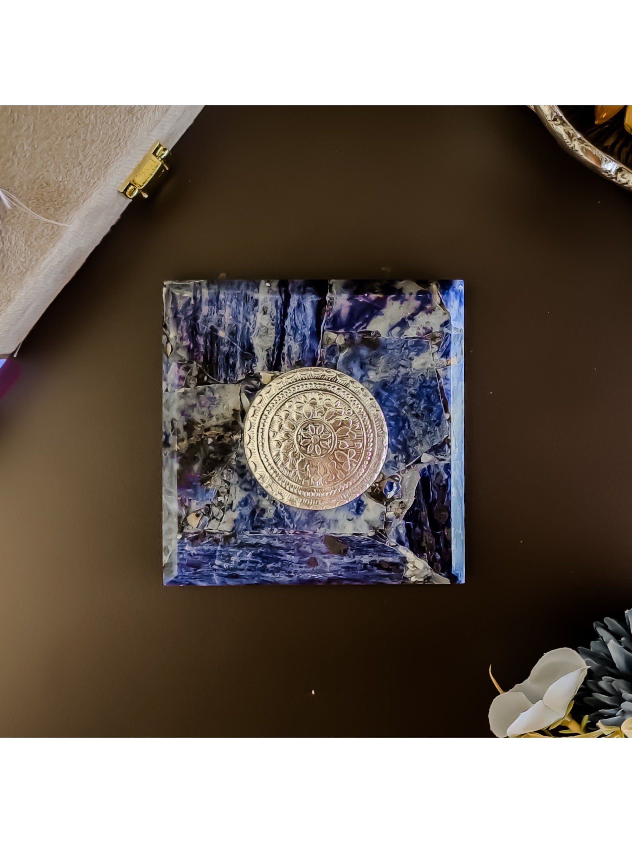 Sodalite Square Gemstone Coaster With Silver Dibbi