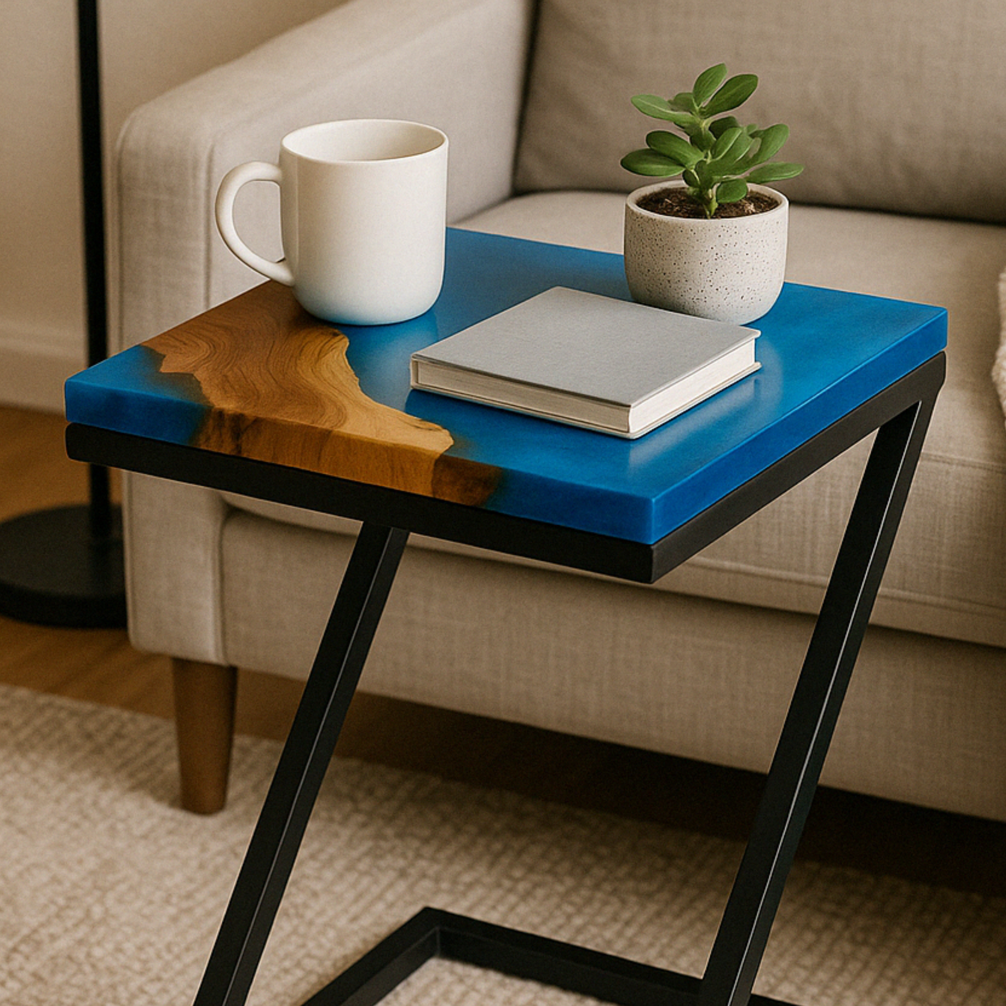 Teak Wood Epoxy End Table – Aqua Blue Resin Finish