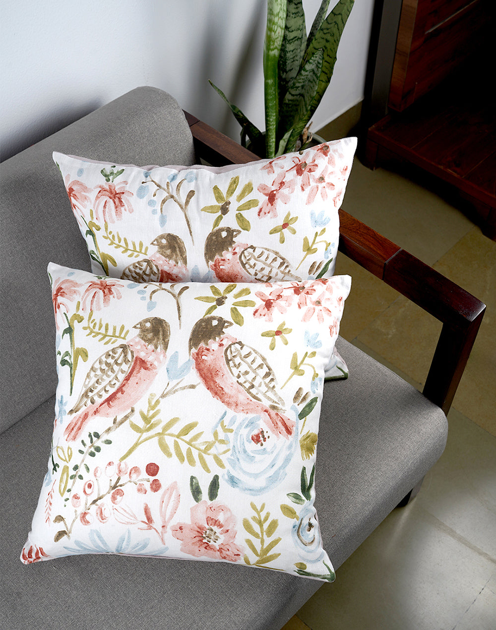 Set Of 2 - Peach Cotton Print Cushion Cover - 18"X18"