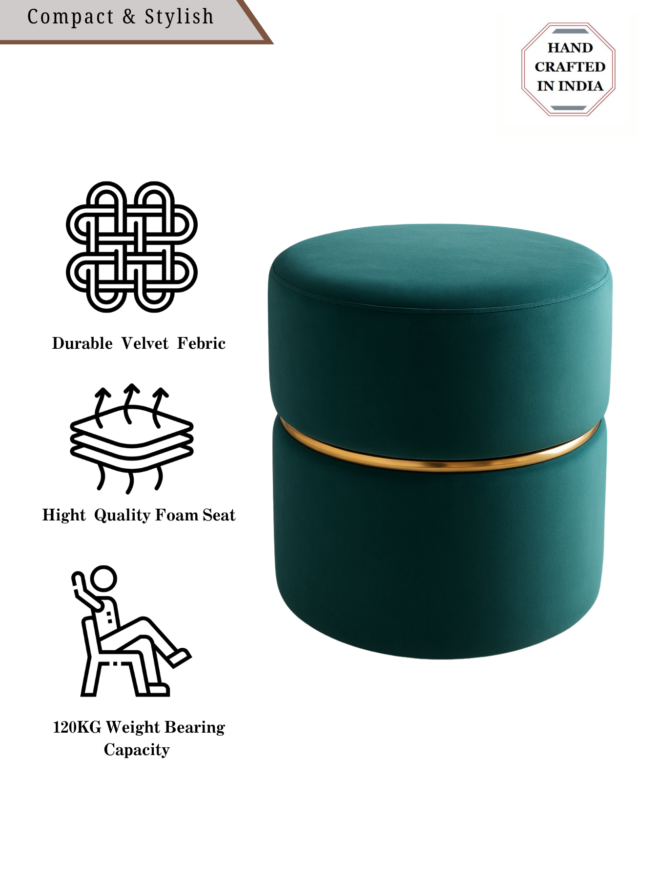 Elegant Velvet Pouf with Gold Accent