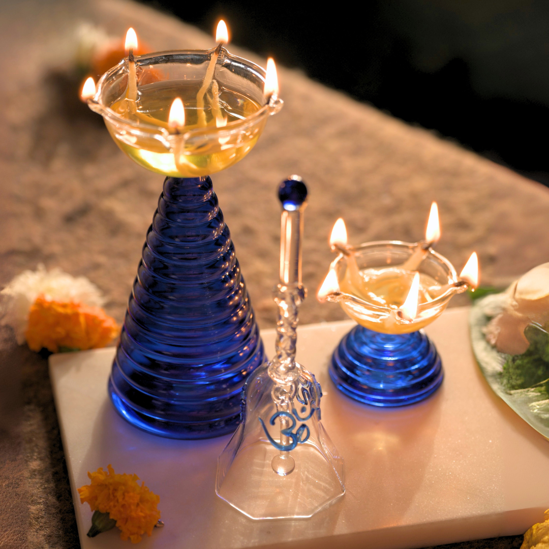 Glass Festive Gift Box - Tall Diya, Short Diya and Bell