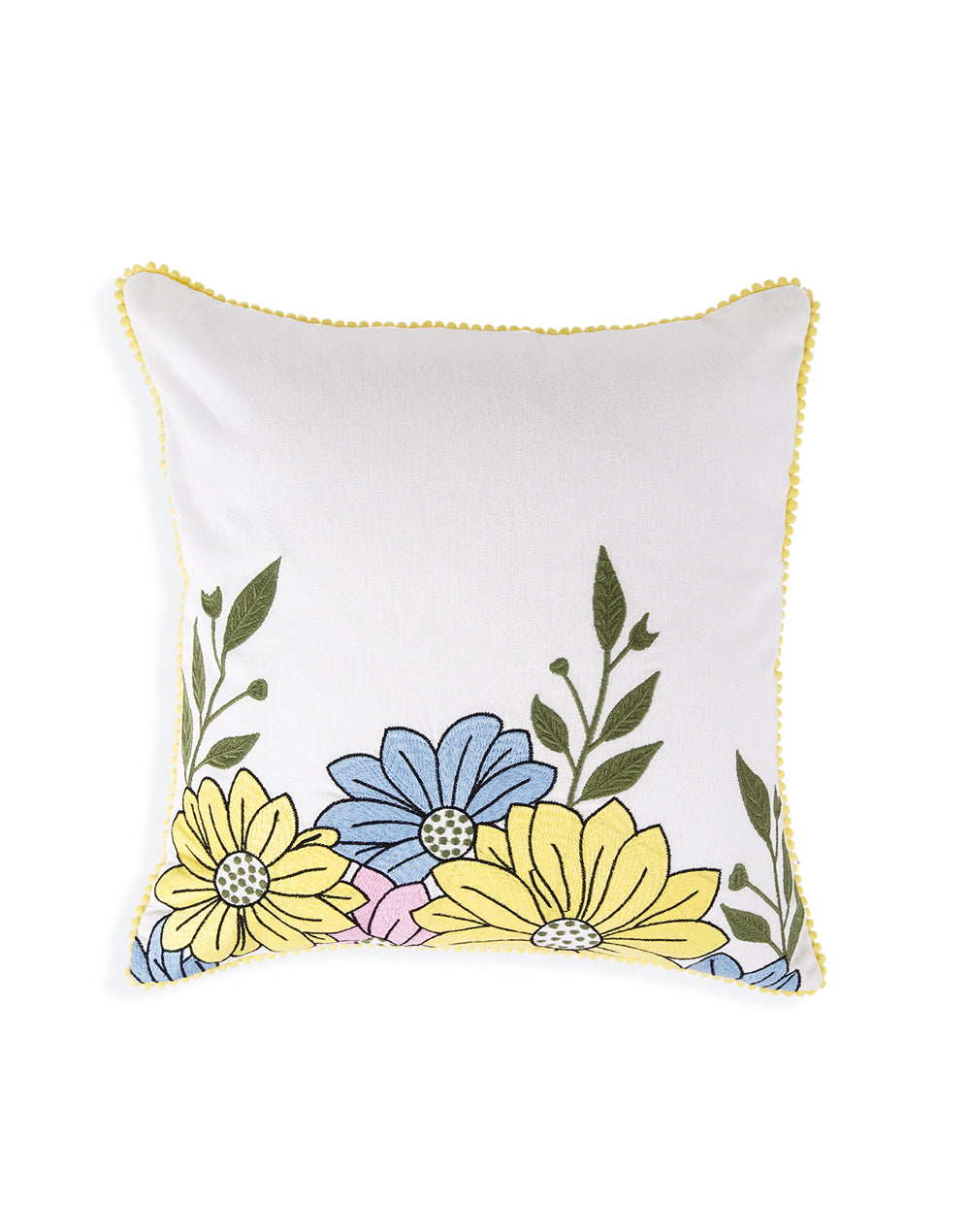 Set Of 2 - Off White Floral Embroidery Cotton Cushion Cover - 16"X16"