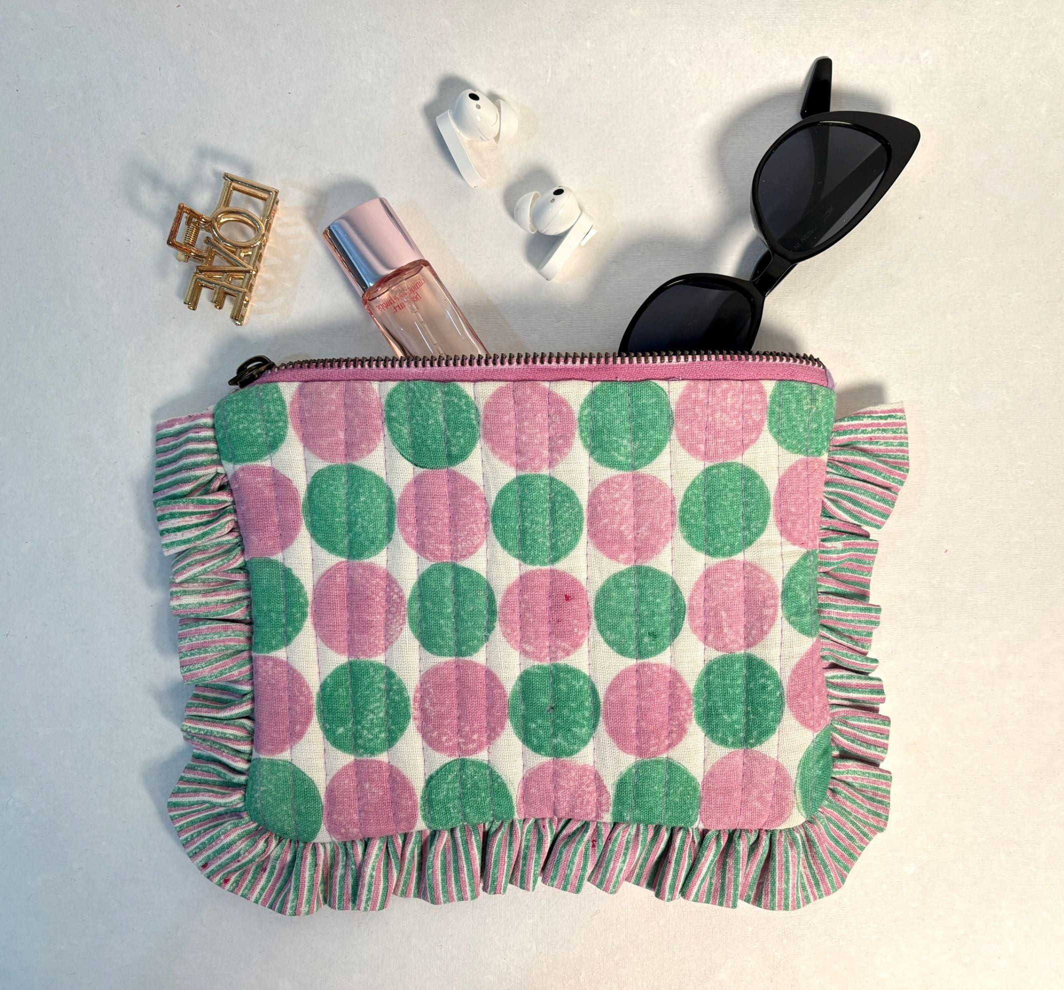 Sustainable Quilted Cotton Travel Pouch l Pebbles Purple & Green Organizer