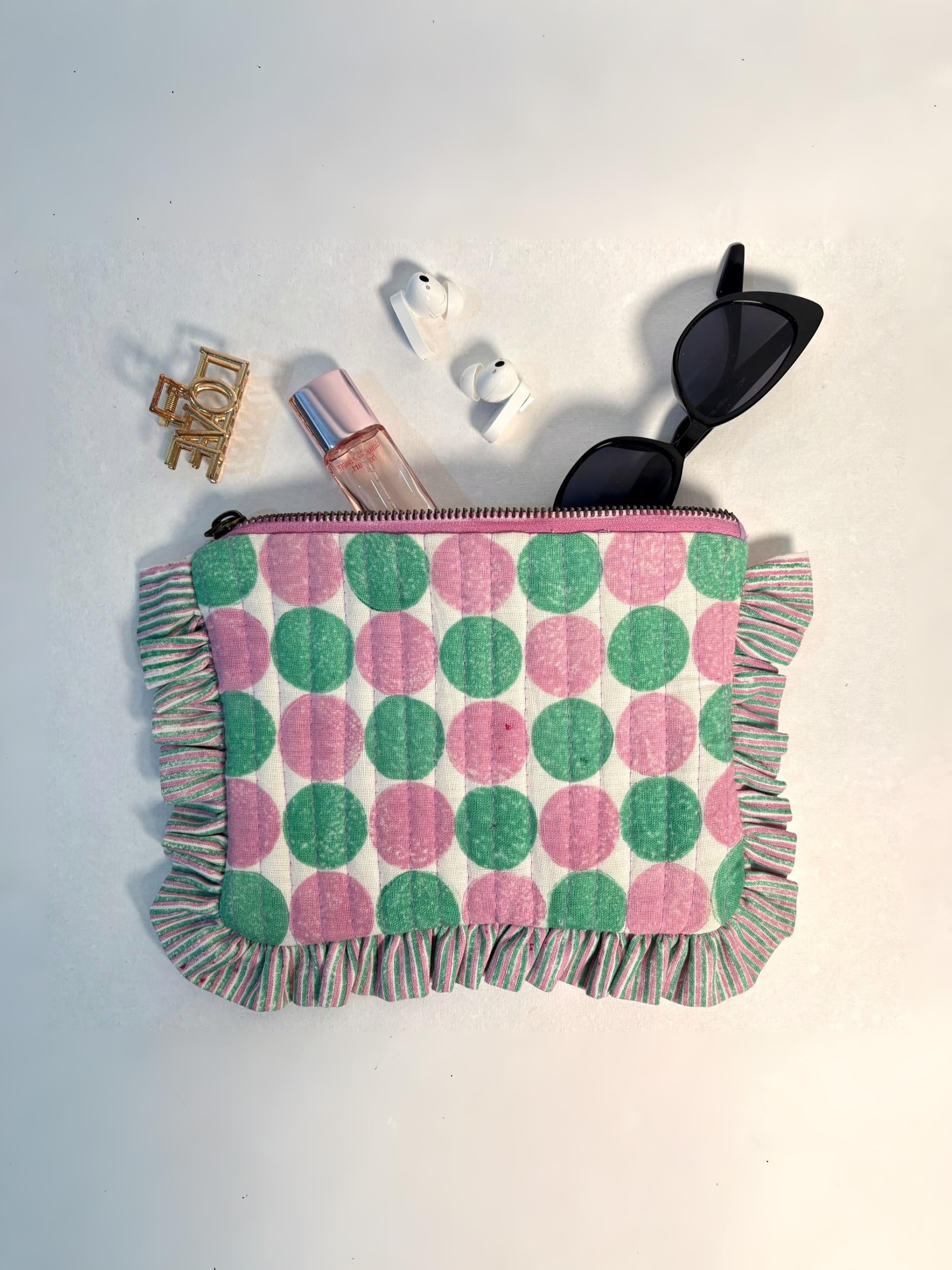 Sustainable Quilted Cotton Travel Pouch l Pebbles Purple & Green Organizer