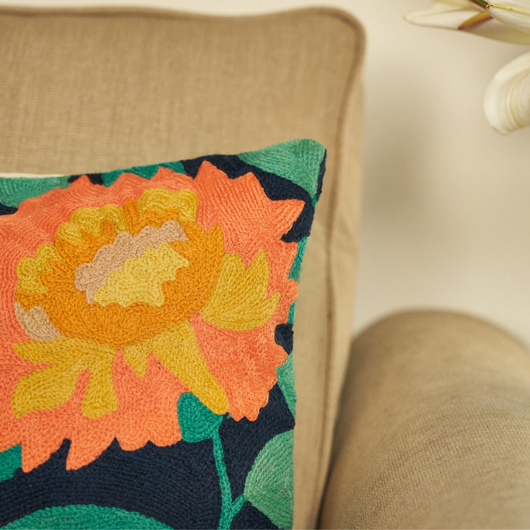 Midnight Blue Peachy Floral Cushion Cover