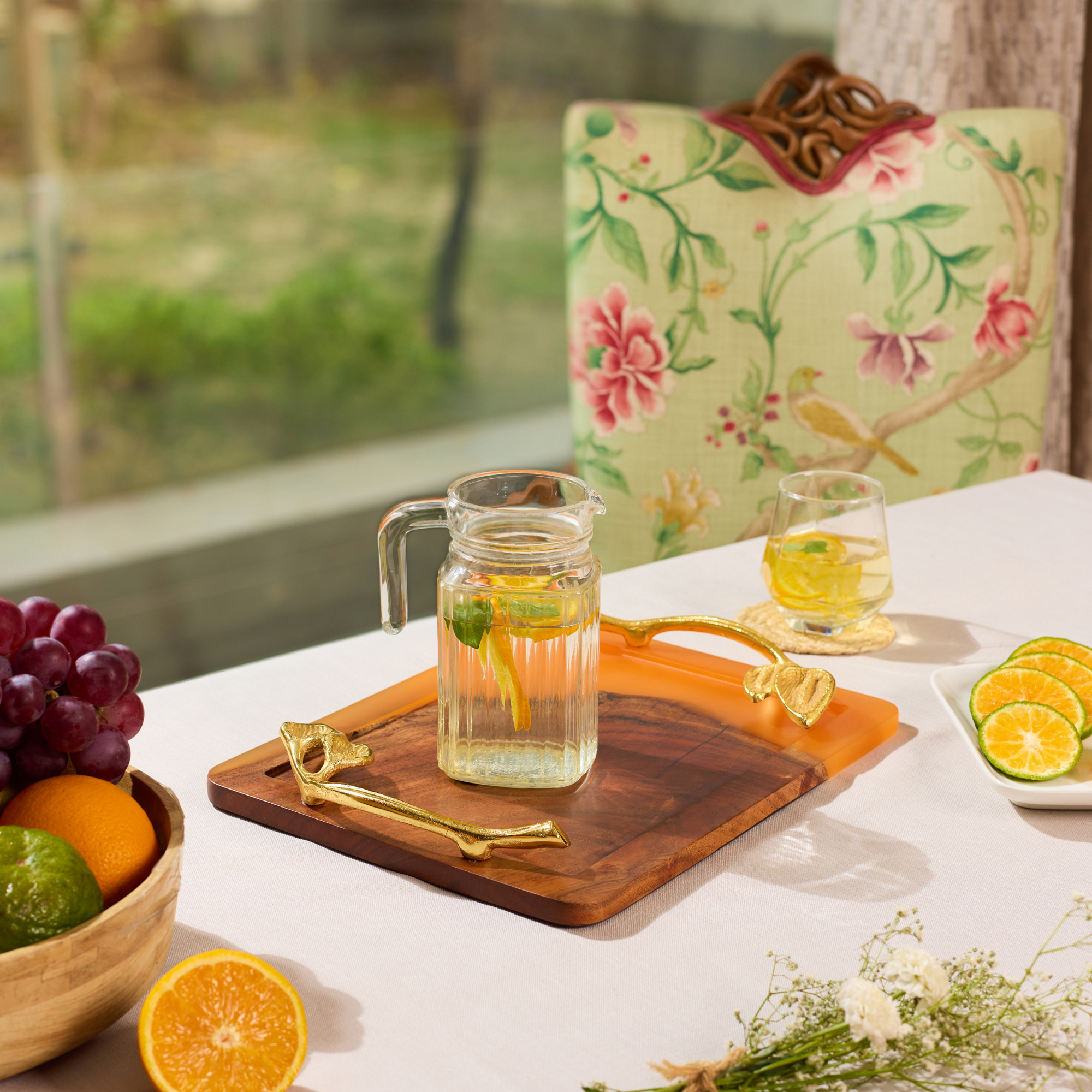 Wooden Tray with Handles – Acacia Wood, Translucent Orange Resin Finish