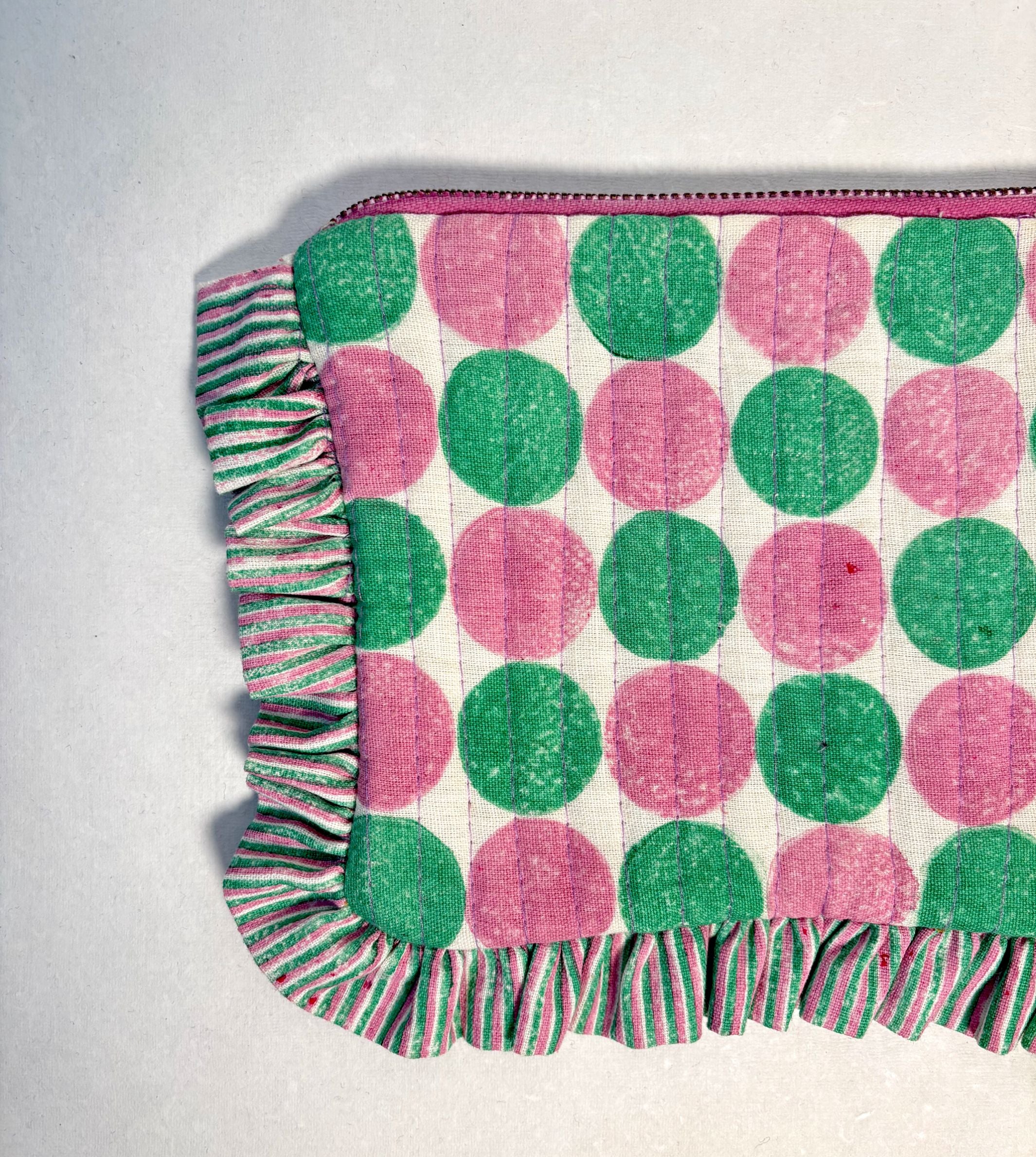 Sustainable Quilted Cotton Travel Pouch l Pebbles Purple & Green Organizer