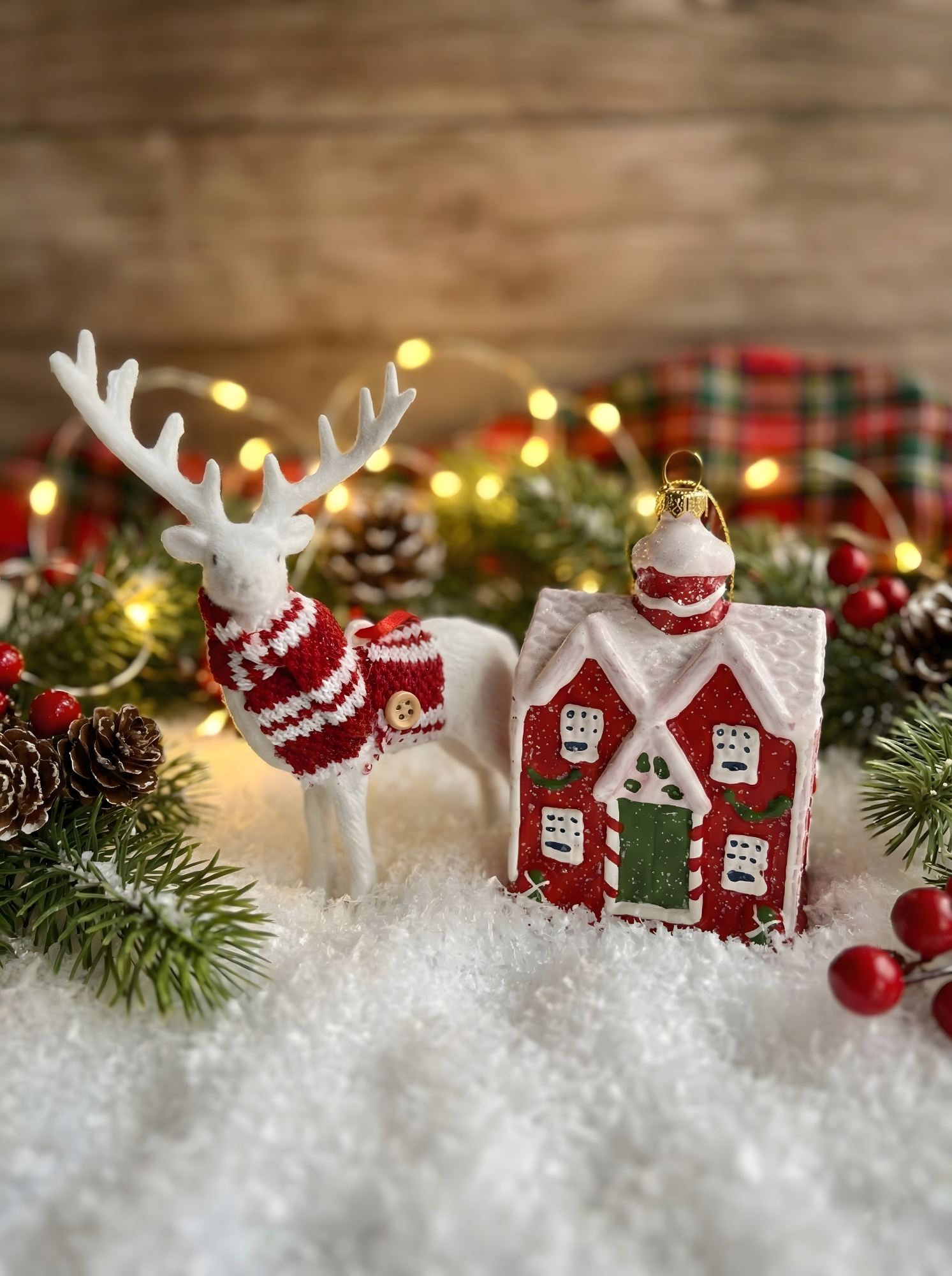 Christmas Tree Ornaments Set of 2 – Snowy Cottage and White Reindeer