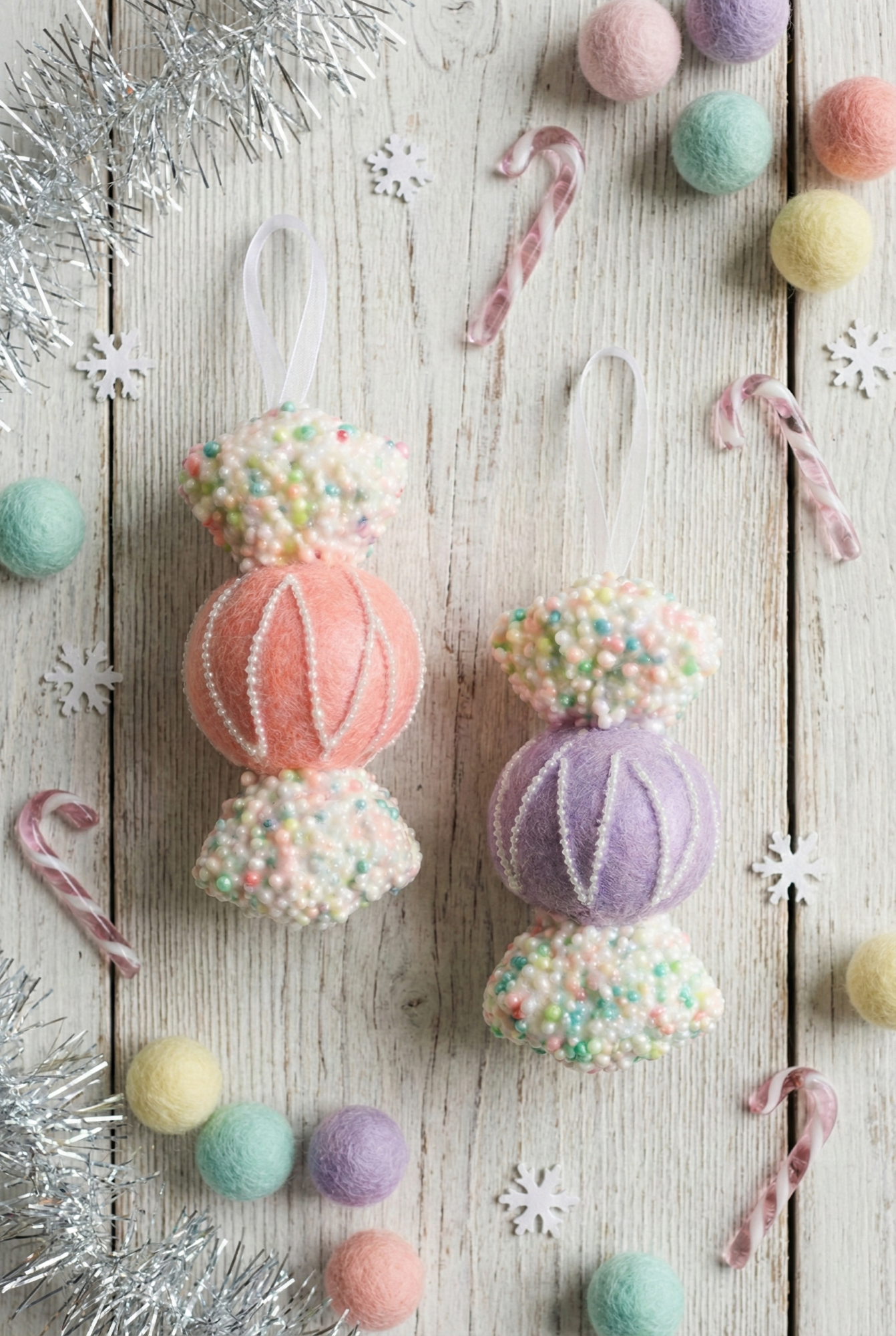 Pastel Pink & Lavender Candy Christmas Ornaments (Set of 4)