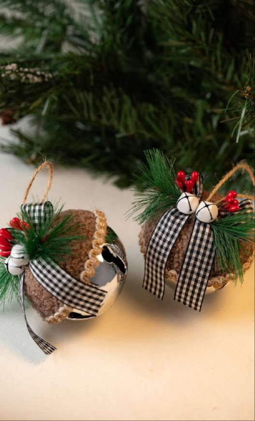 Rustic Fabric & Bell Christmas Baubles (Set of 2)_CC81