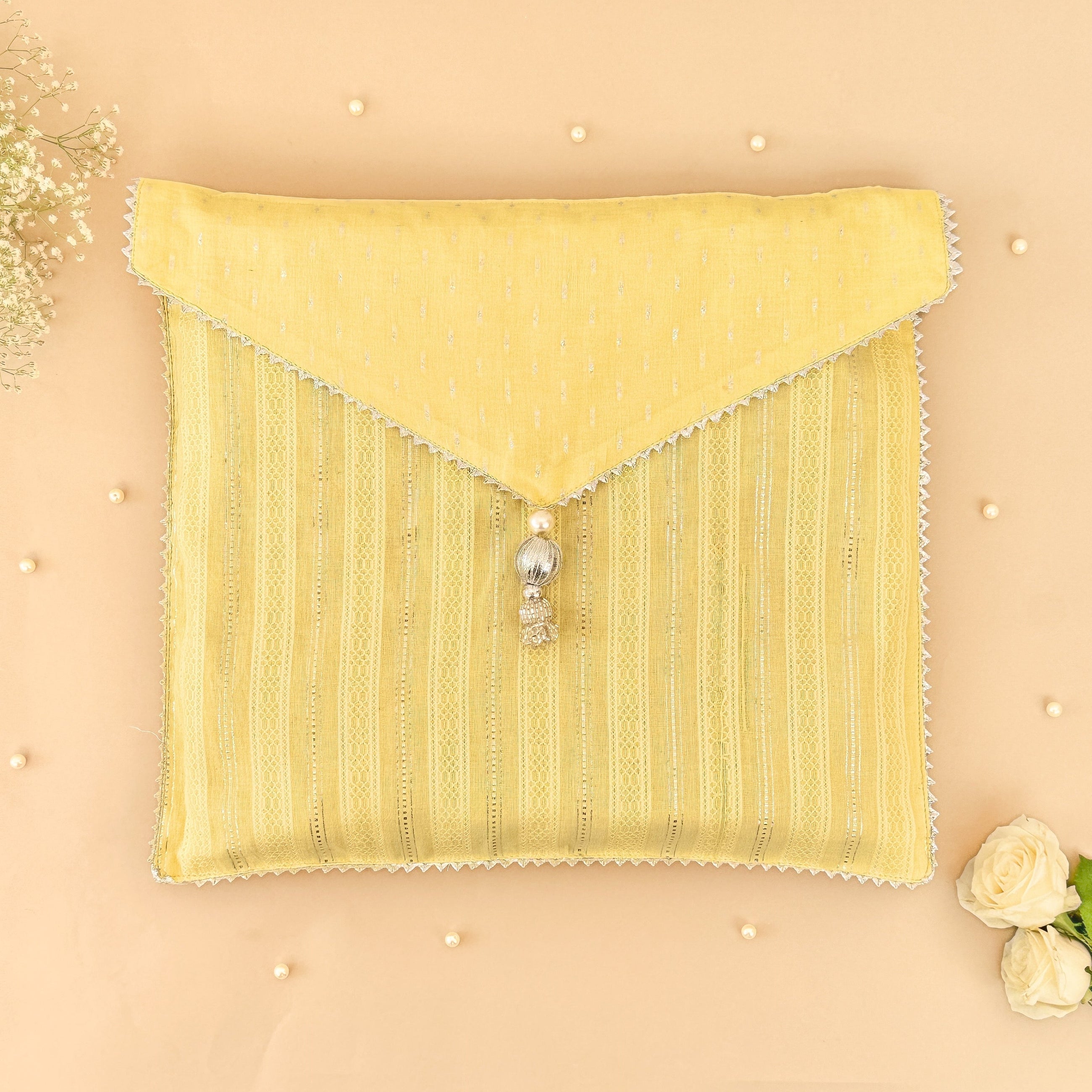 Yellow & Silver Striped Saree/Stole Cases
